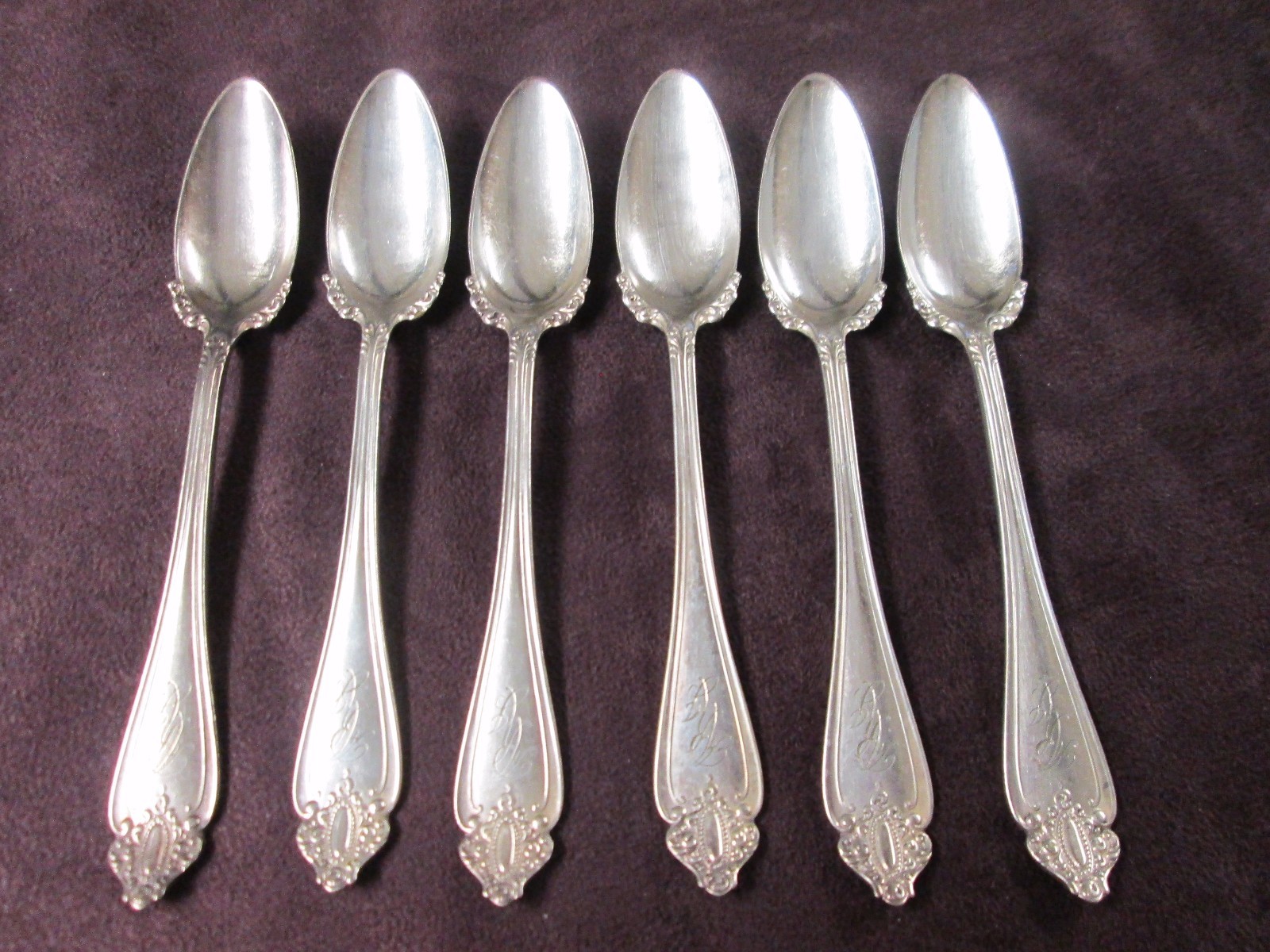 MARQUISE 6 Fruit Spoons 1900 Rogers Antique Silverplate A R J Monograms