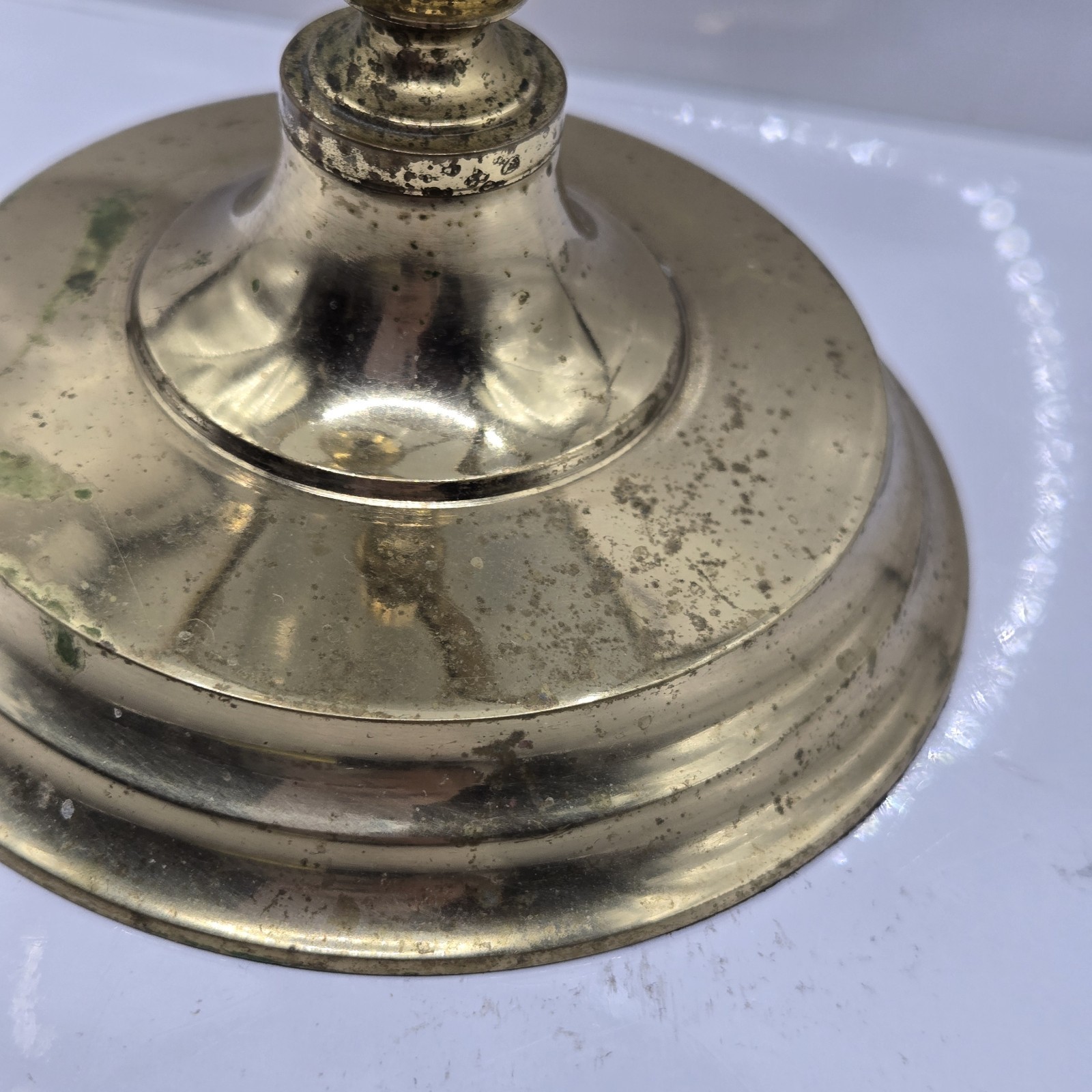 Vintage 1970s Golden Brass Round Vanity Pedestal Double Sided Mirror 13″H 8″W