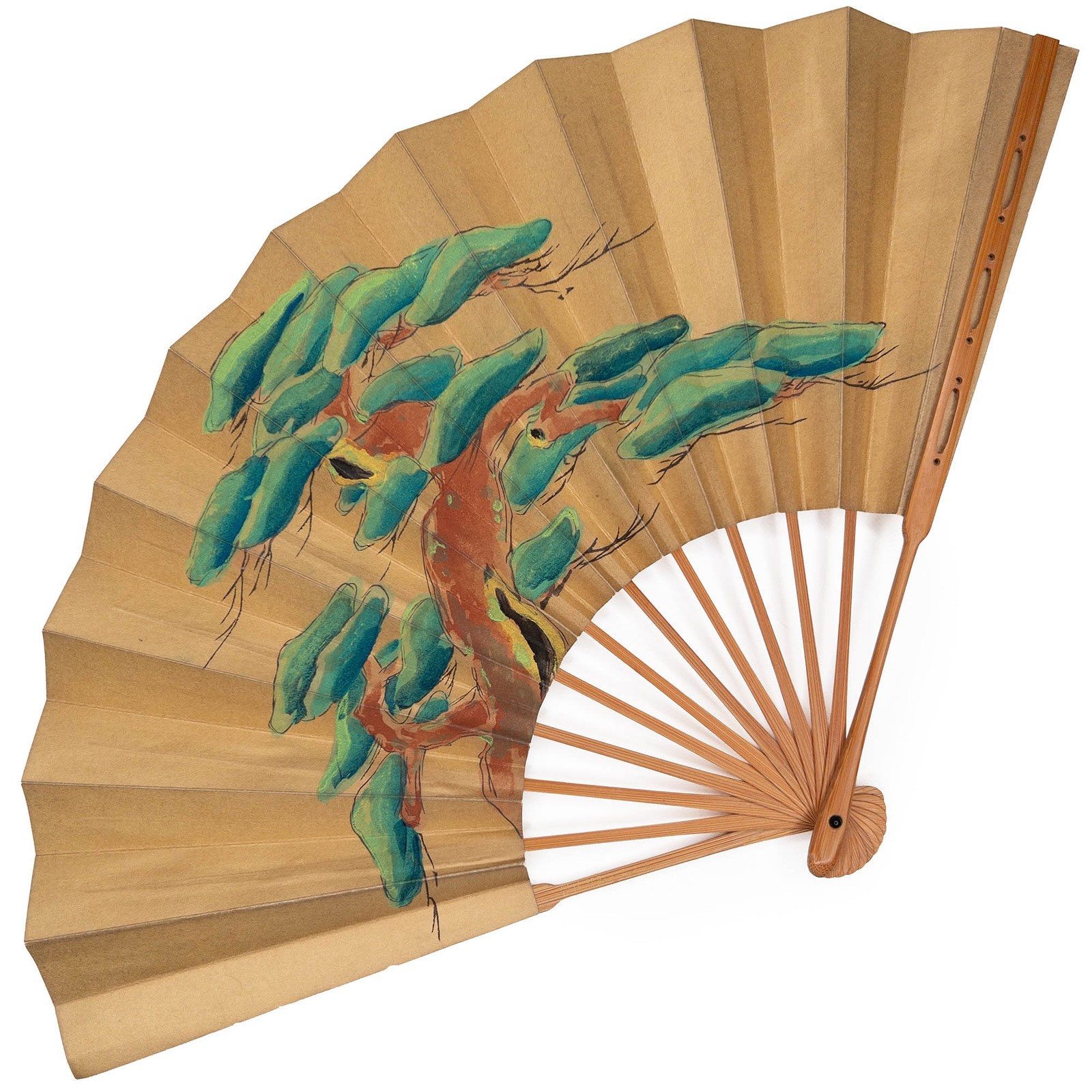 VTG Japanese Sensu Fan Osaka Noh-Gaku Theatre Hand-Painted Pine Trees on Gold
