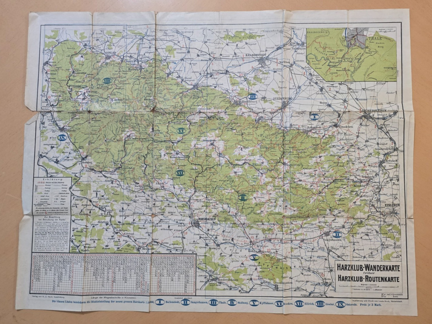 Antique 1921 German Harz Club Hiking Map Harzgebirge Wanderkarte 27×21
