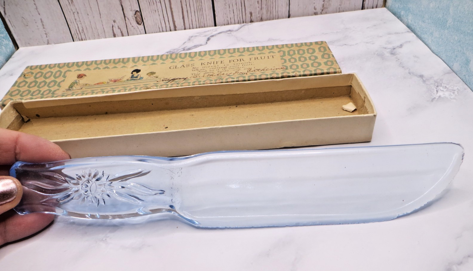 Antique Dur-X Light Blue Depression Glass Floral Flower Style Fruit Knife In Box
