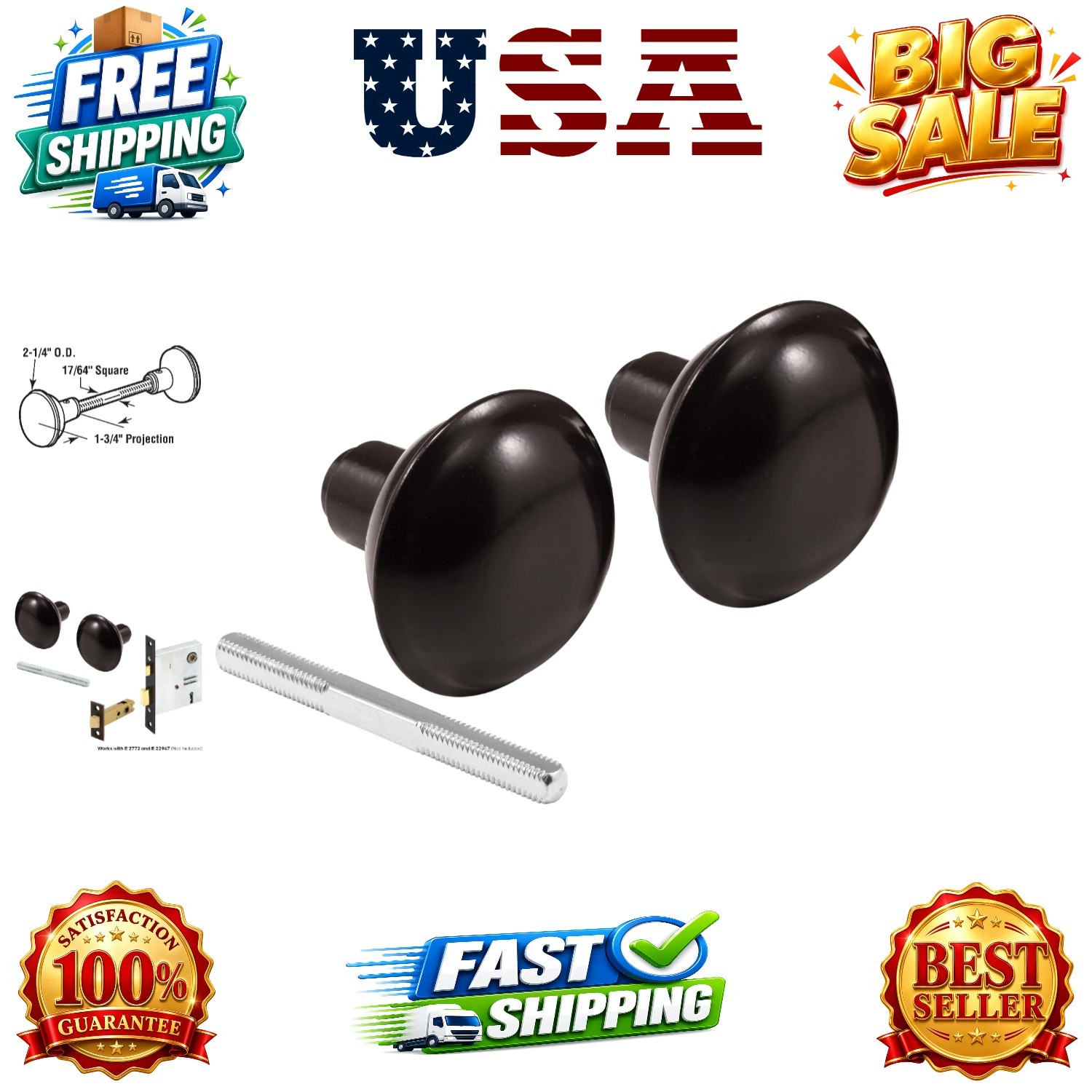 E 2499 Solid Brass Vintage Door Knob Spindle Set, 2-1/4 In. Outside Diameter,…