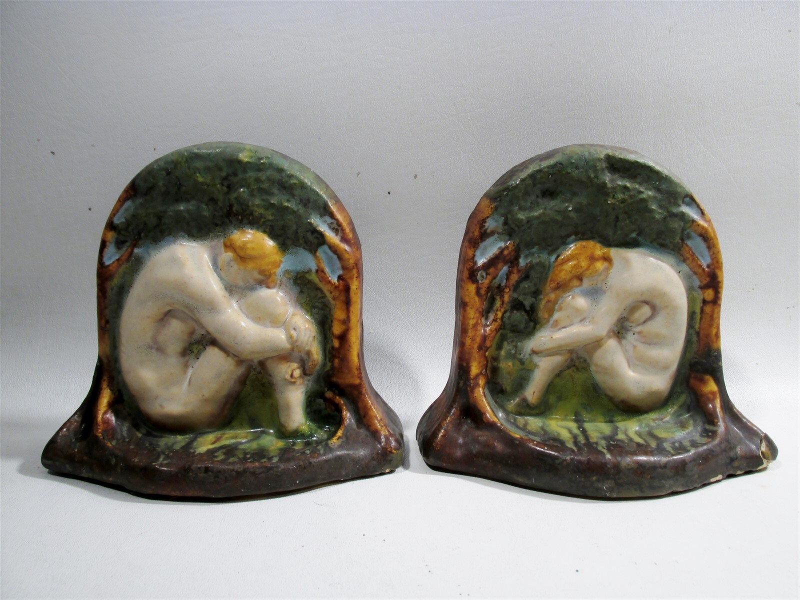 Antique American Arts & Crafts Pottery Nude Bookends Architectural Faience