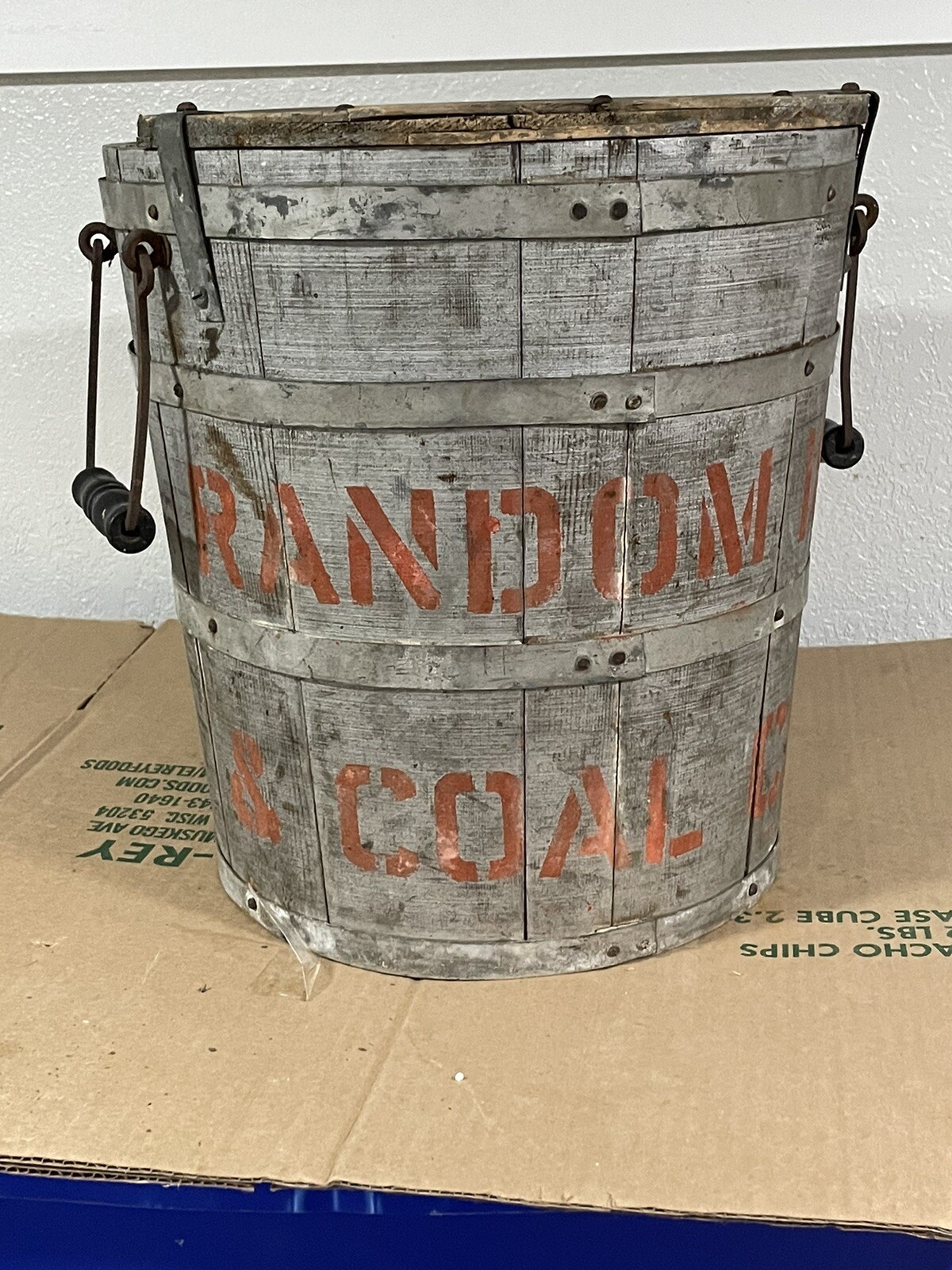 Antique Primitive wood Bucket “random Ice & Coal” Milwaukee Wi Paint Complete!