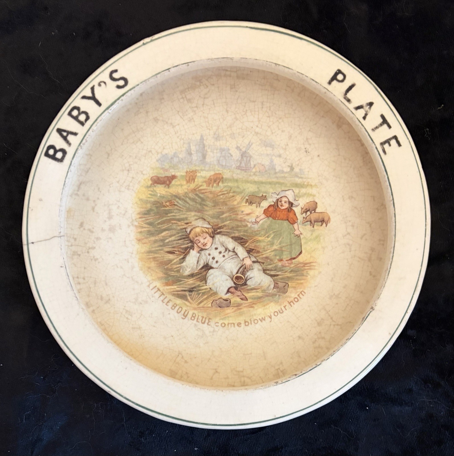 Antique Stoneware LITTLE BOY BLUE 7.75″ Baby’s Plate / Bowl – crazing