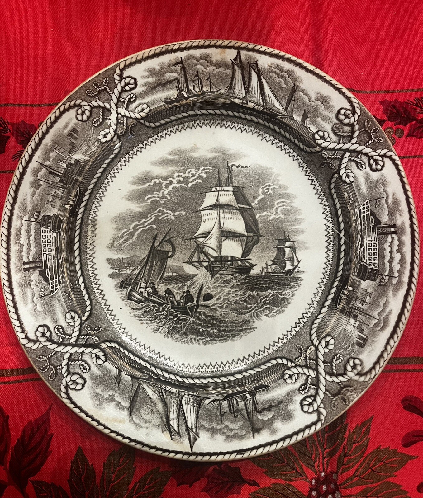 Rare Antique Brown Transferware Plate American Marine Stiffel Bros Odessa Russia