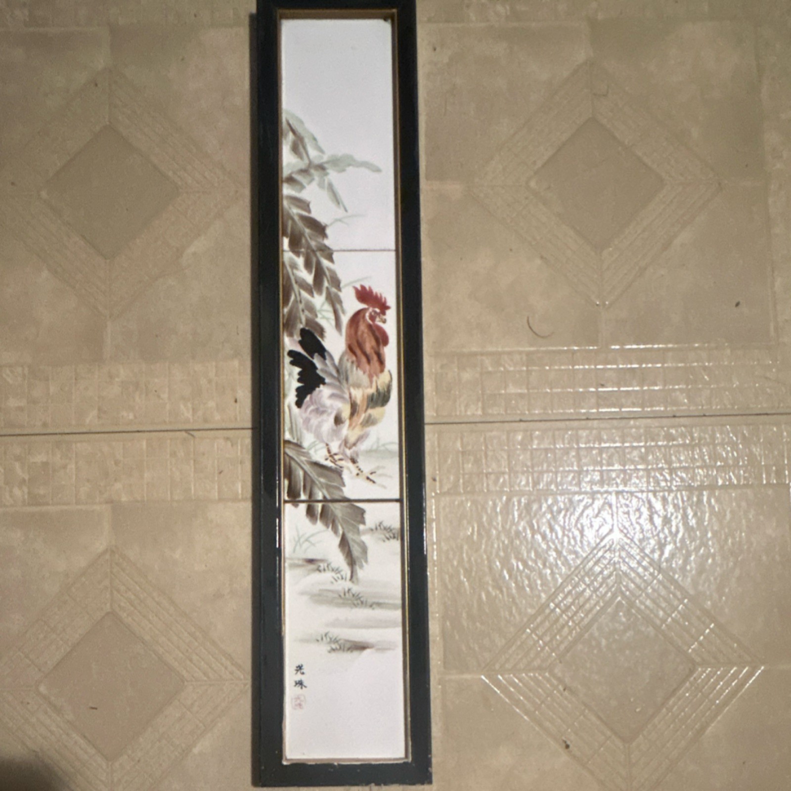 光琳 Chinese Porcelain Rooster Painting Panel Framed with Artist Seal