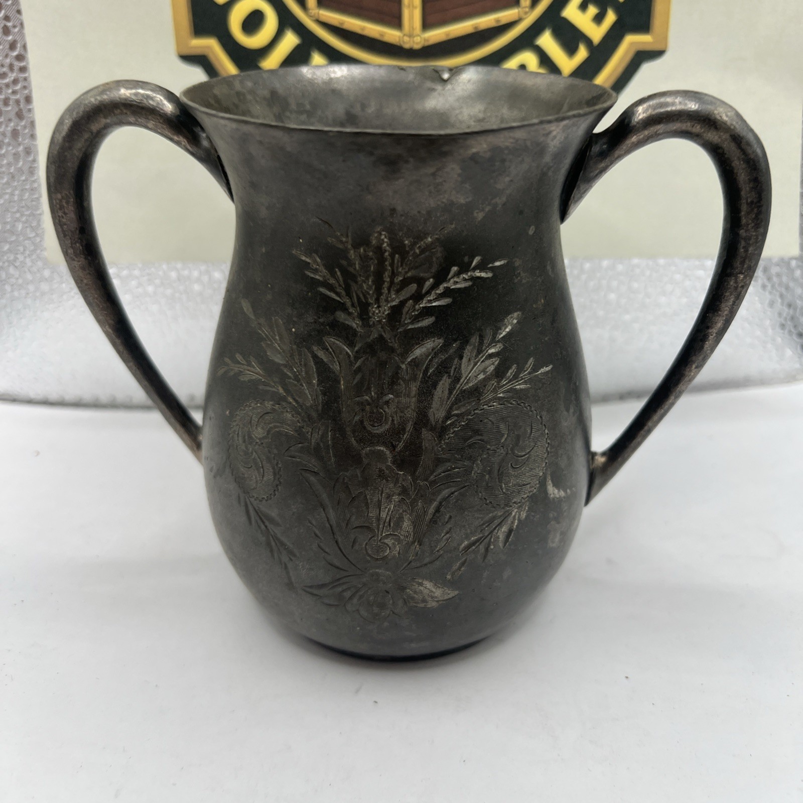 Antique Hard White Metal Co Triple Plate Shelton CT Amphora Vase Flower Display