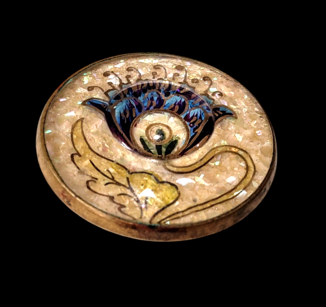Antique Design Under Glass (DUG) Button Blue Art Nouveau Flower Iridescent Pearl