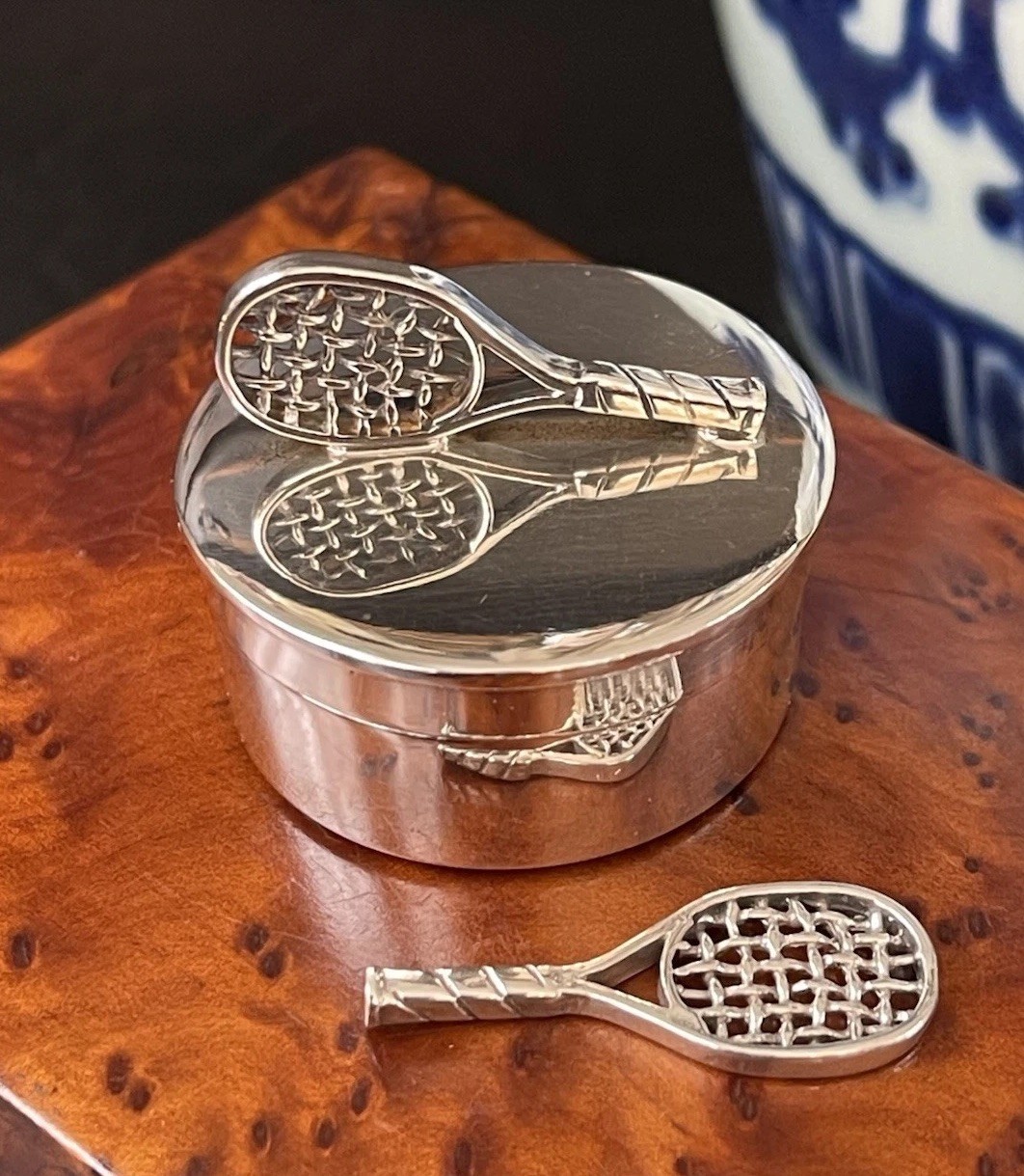 Rare Neiman Marcus Sterling Silver Tennis Racquet Sport Motif Box American 1.5”