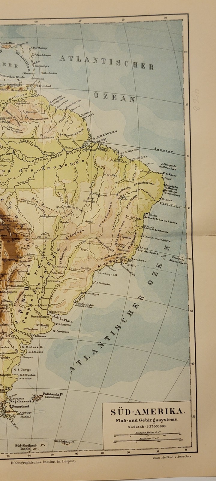 Two 1889 color lithographed German maps Meyers South America political+physical