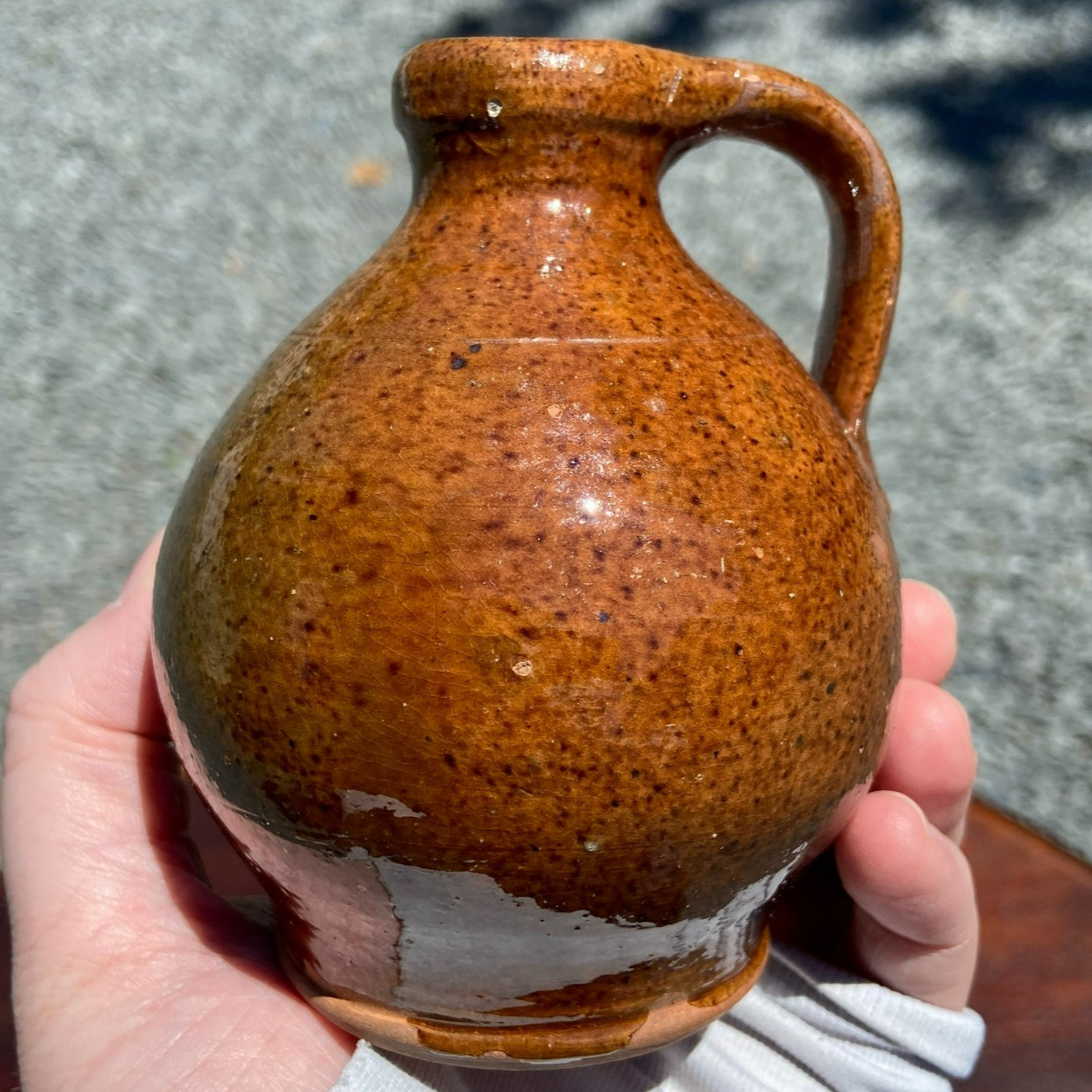 Antique Early 19th Century New England or PA Redware Speckled Manganese Mini Jug