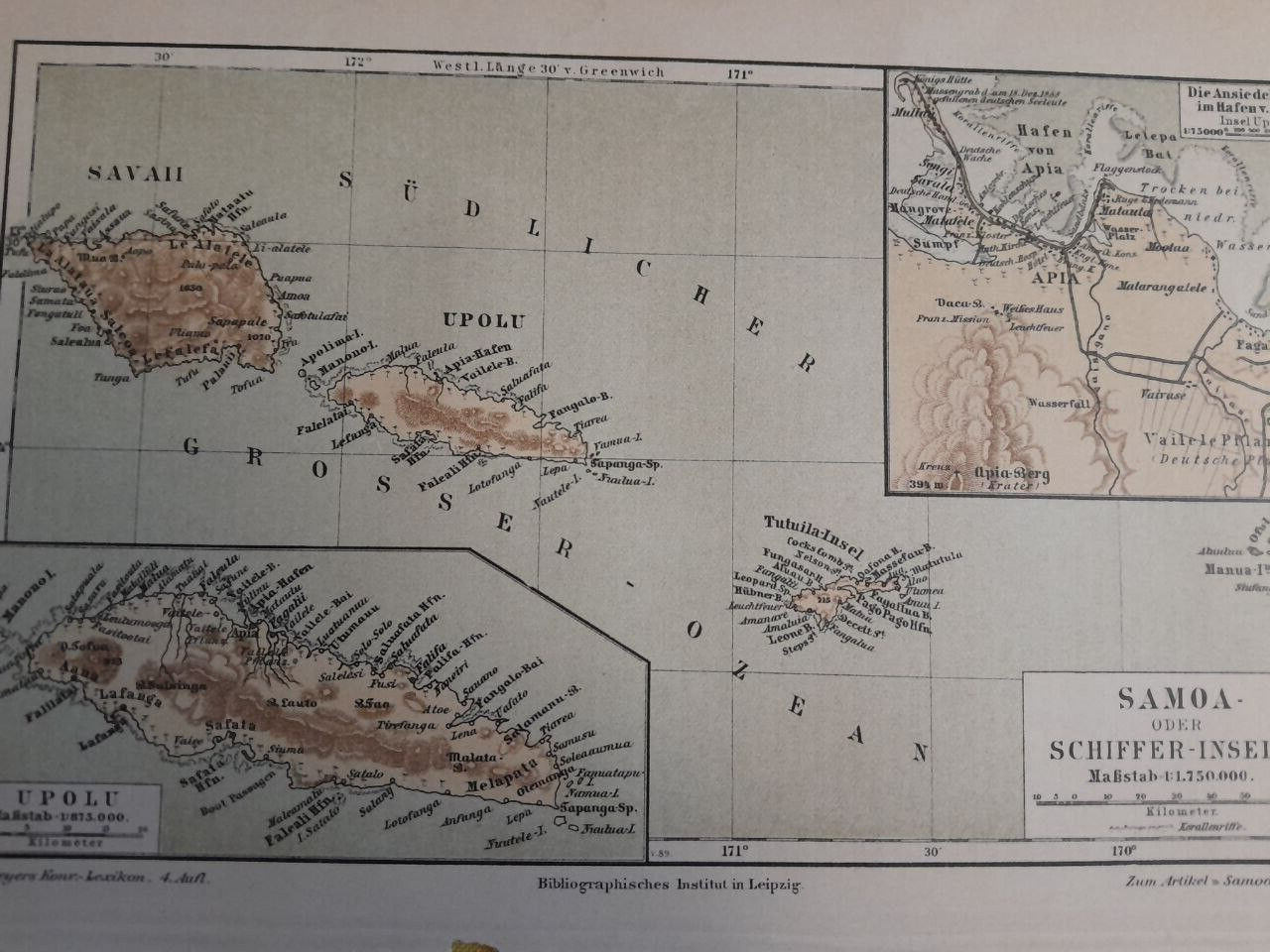 1897 ORIGINAL VINTAGE MAP Samoa Islands Meyers Konversations-Lexikon C10-5