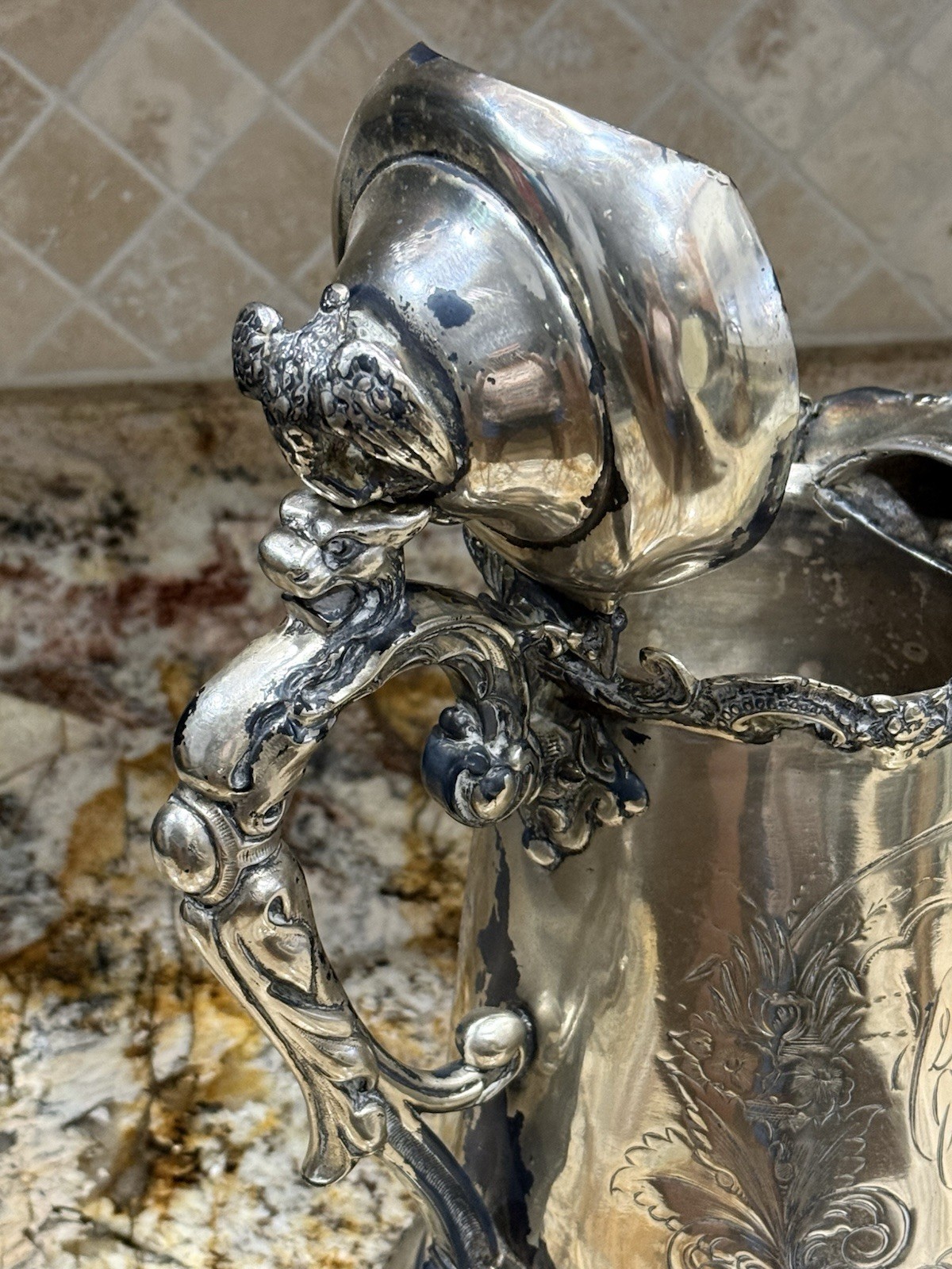 ⭐Antique Silver Plate Water Pitcher E Kaufman Eagle Animal Etched Details 12″
