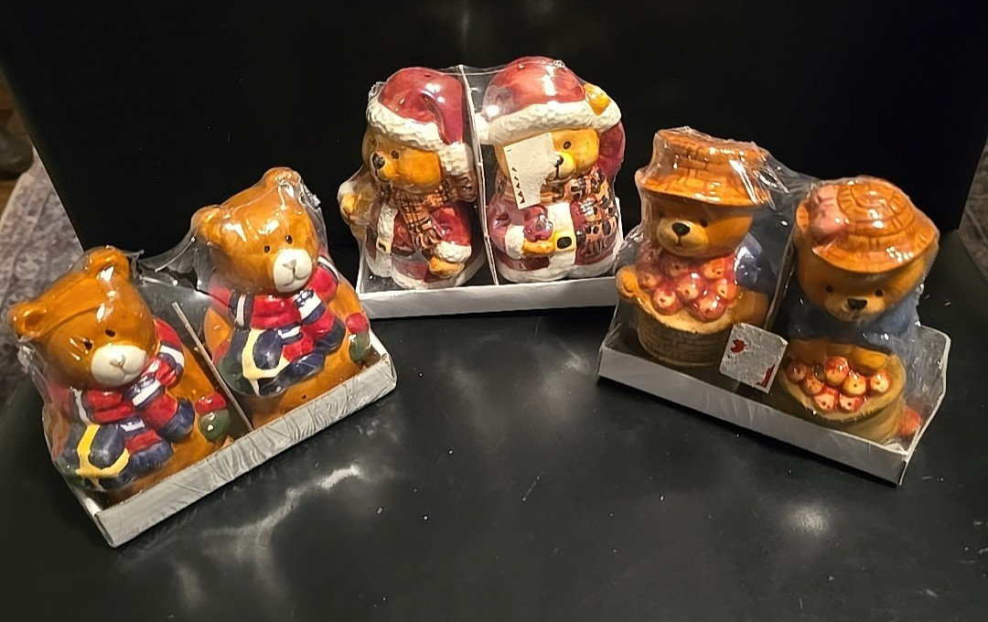 Vtg Santa Teddy Bear Salt Pepper Shakers 3 Sets Christmas Holiday Fall Winter
