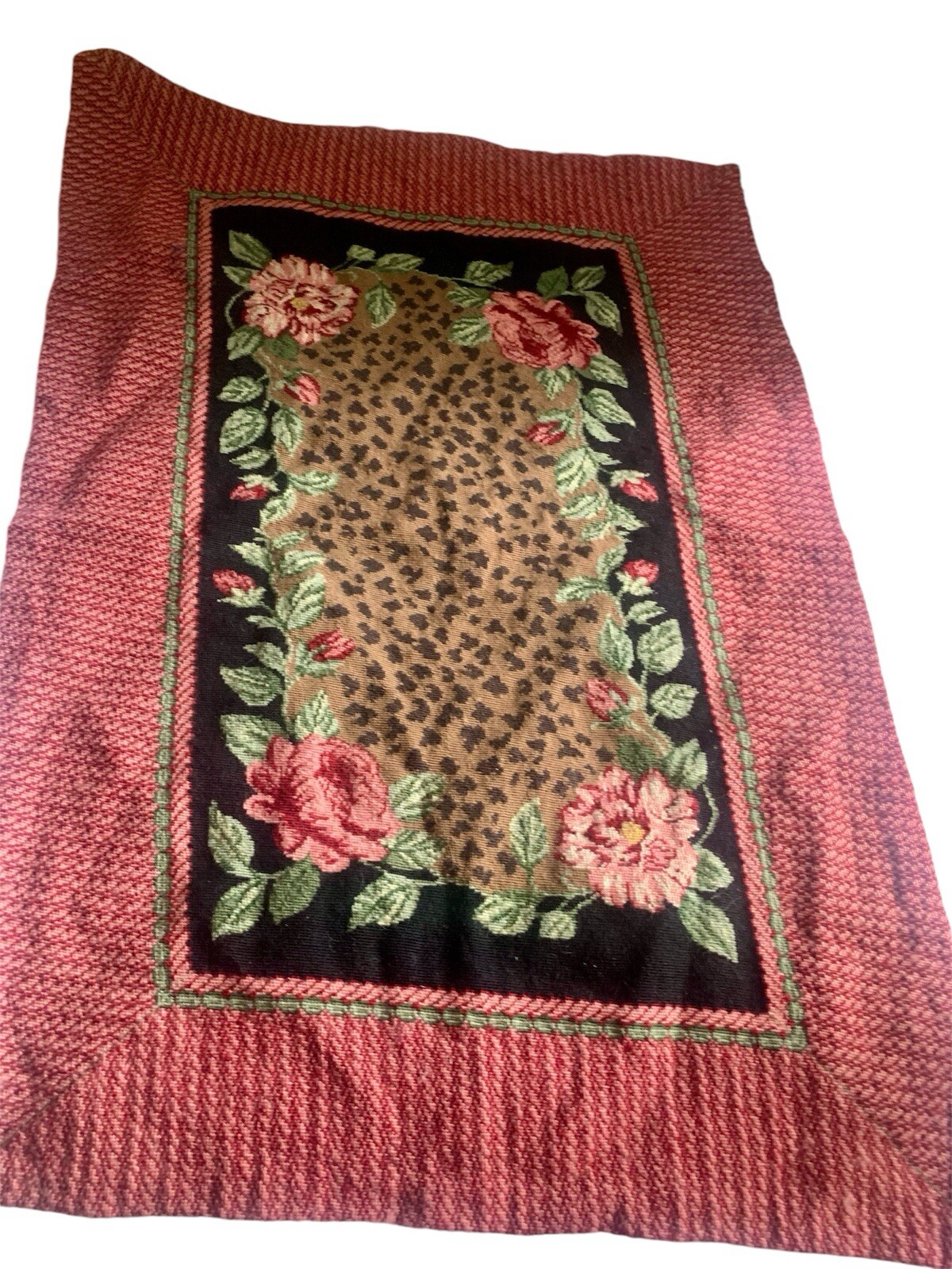 Vintage Hand Knotted Rug Roses Leopard Print Gorgeous Cottagecore