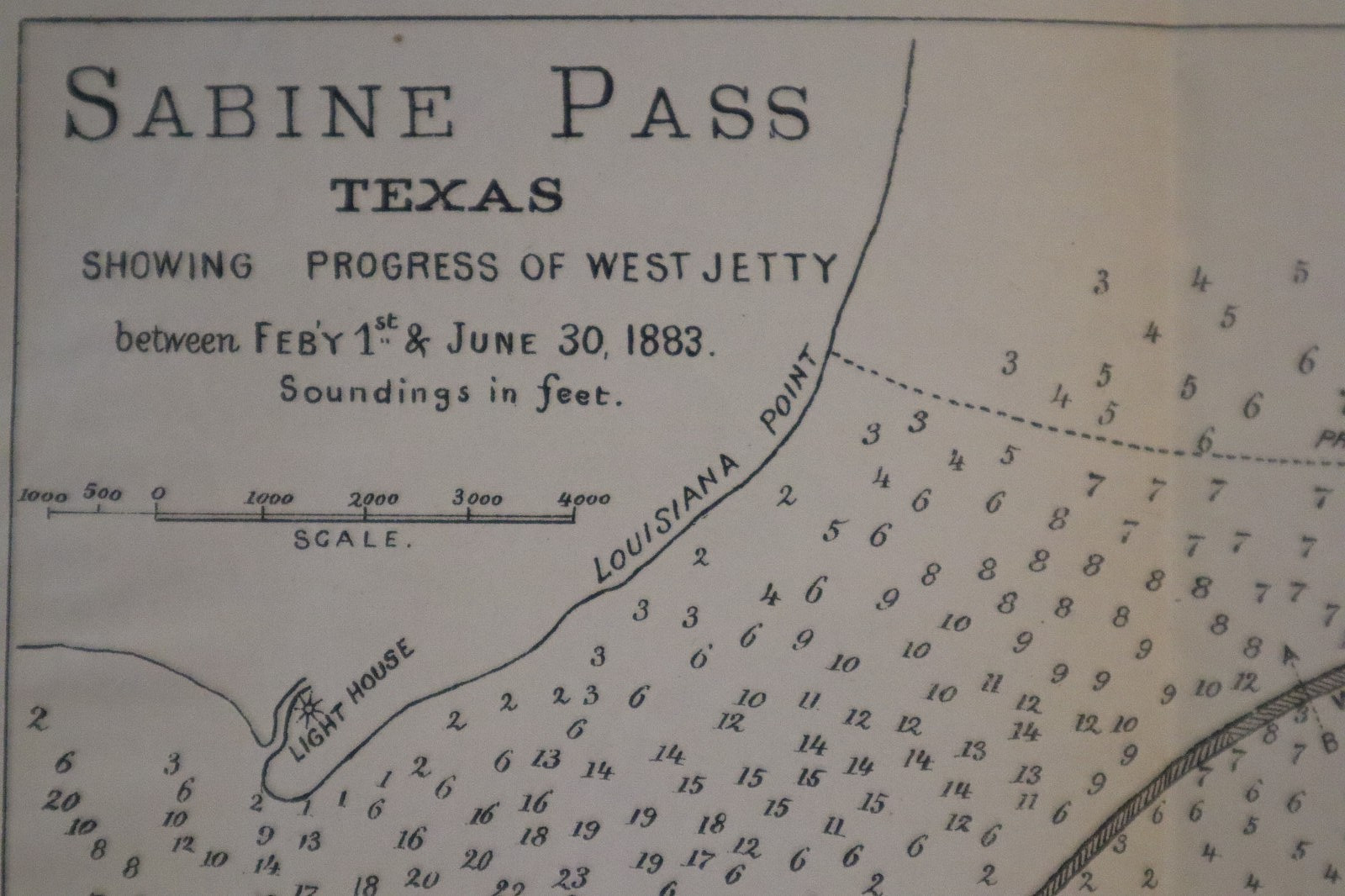 Rare 1883 Secretary of War Chart / Plan ~ Sabine Pass Texas – West Jetty