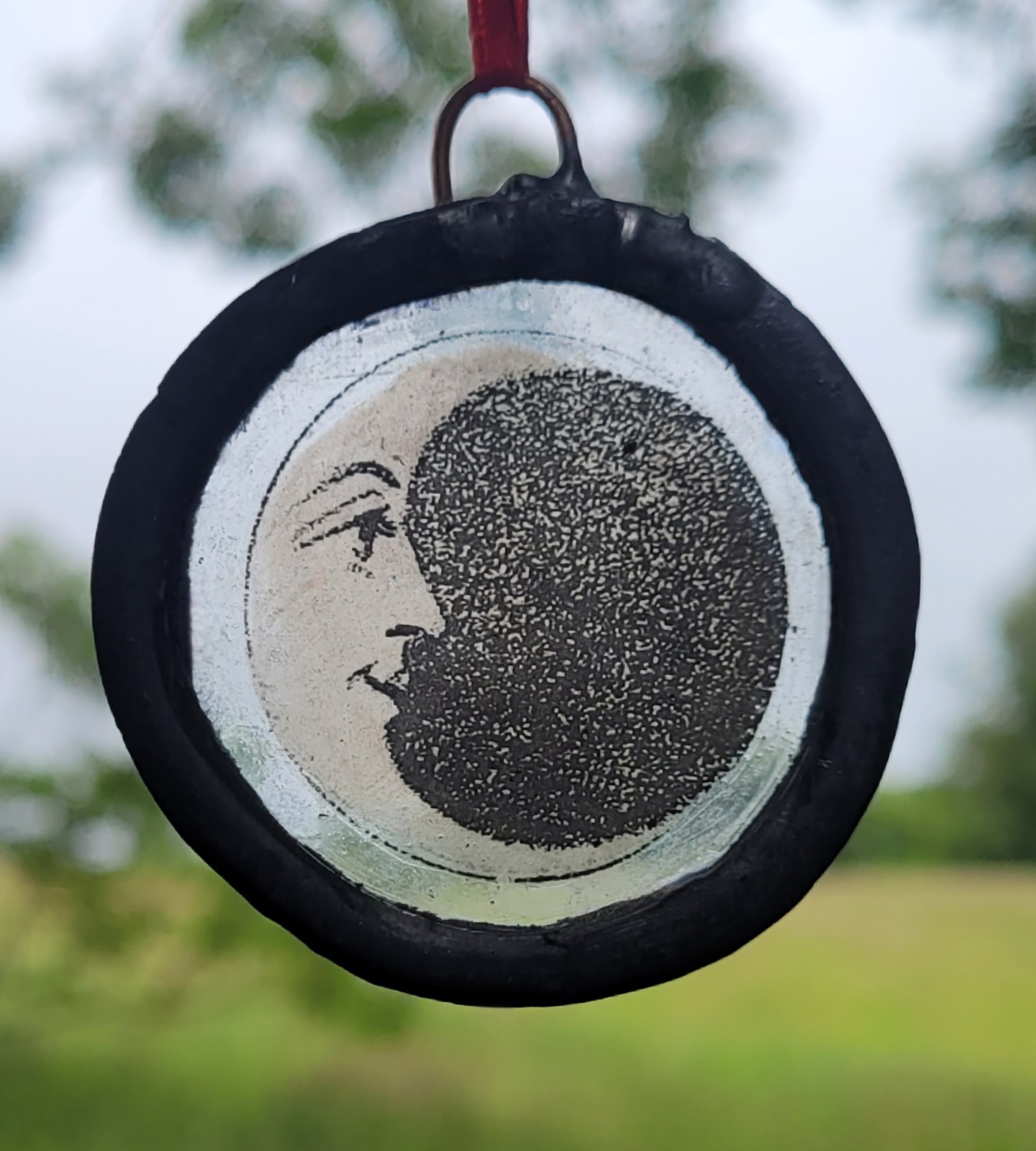 Stained Glass Moon face leaded hanging piece half crescent moon