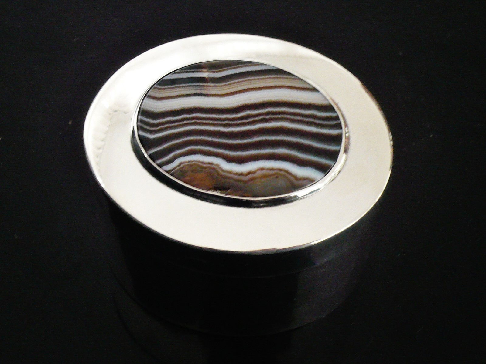 Sterling Silver Box , Large Agate Set Lid, Thomas Ducrow, Birmingham 1903