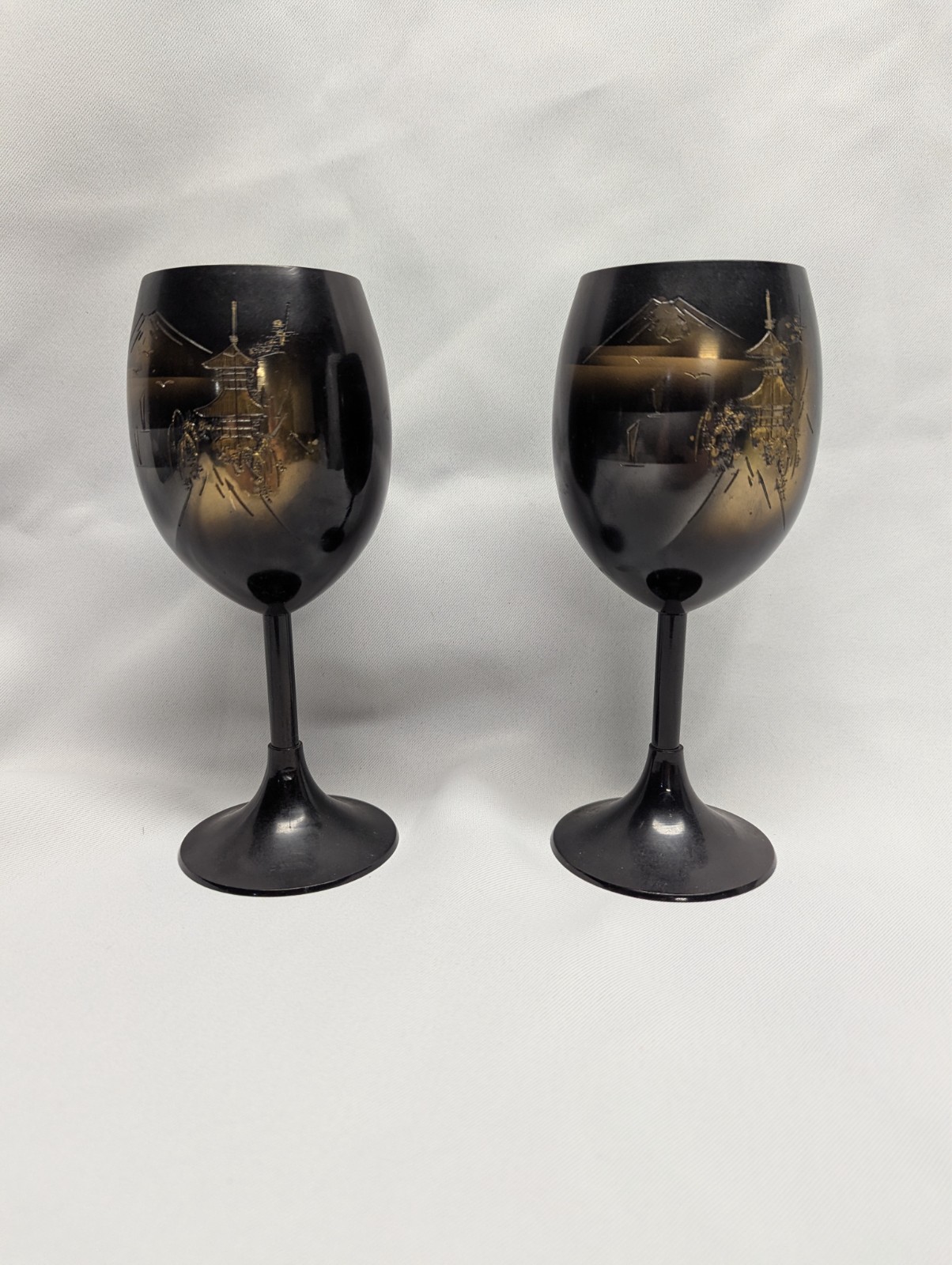 Metal engraved goblets black and gold tone Gothic Asian