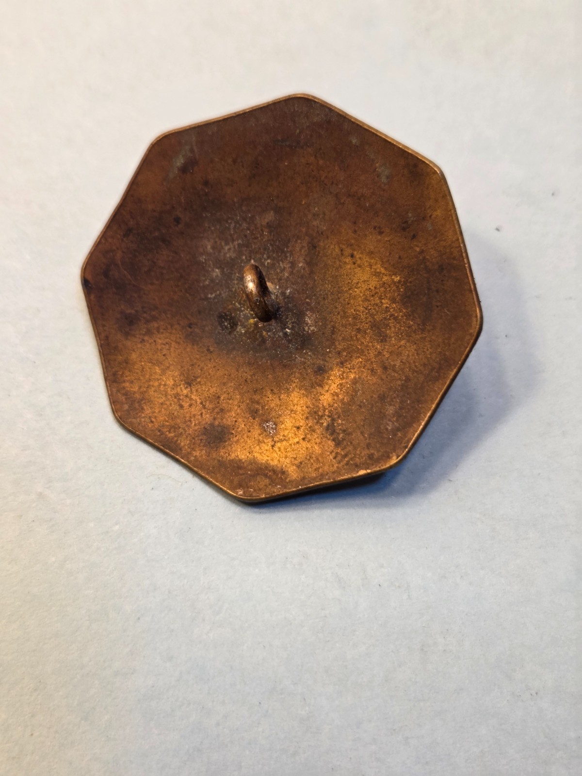 Antique Large Octagon Brass/Copper Picture Button Hummingbird Bird Motif 1.38″
