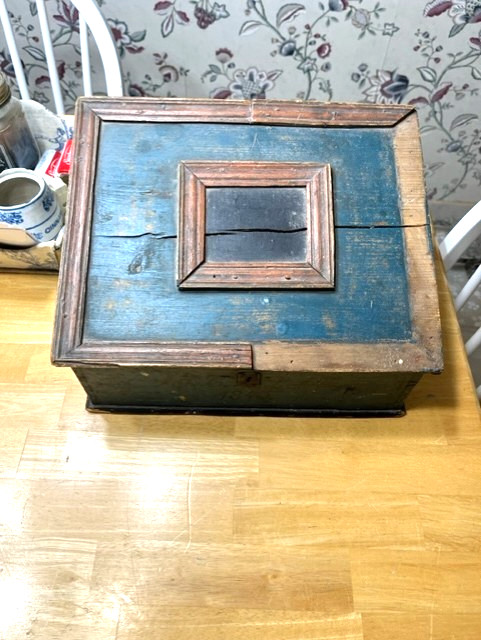 DATED 1843 PAINTED SCANDINAVIAN WOODEN DOCUMENT BOX WITH HINGED LID BLUE PAINT