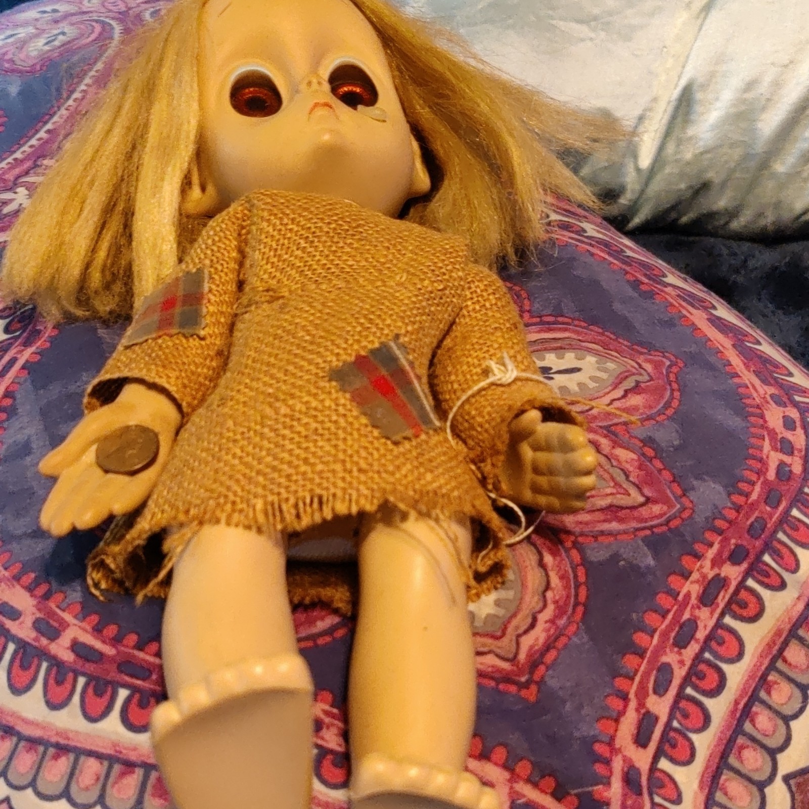 Blonde Girl Play Doll Brown Eyes Removable Burlap Outfit