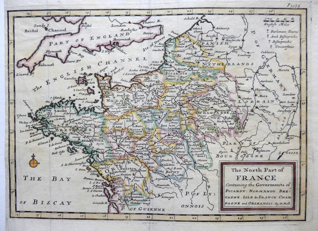 FRANCE NORTH PART BY HERMAN MOLL c1711 GENUINE ANTIQUE COPPER ENGRAVED MAP