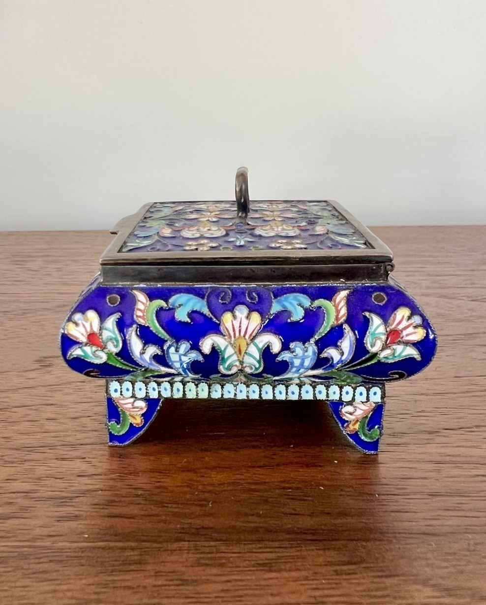 Antique 19th C Russian Solid 84 Silver Multi Color Enamel Floral Lidded Box 114g