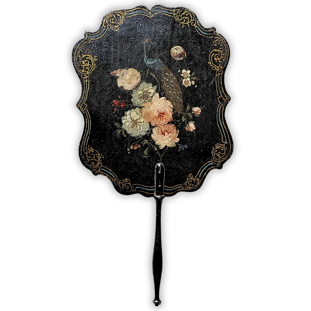Antique 19th Century Papier Mache Hand Screen Fan Peacock Floral Victorian Decor