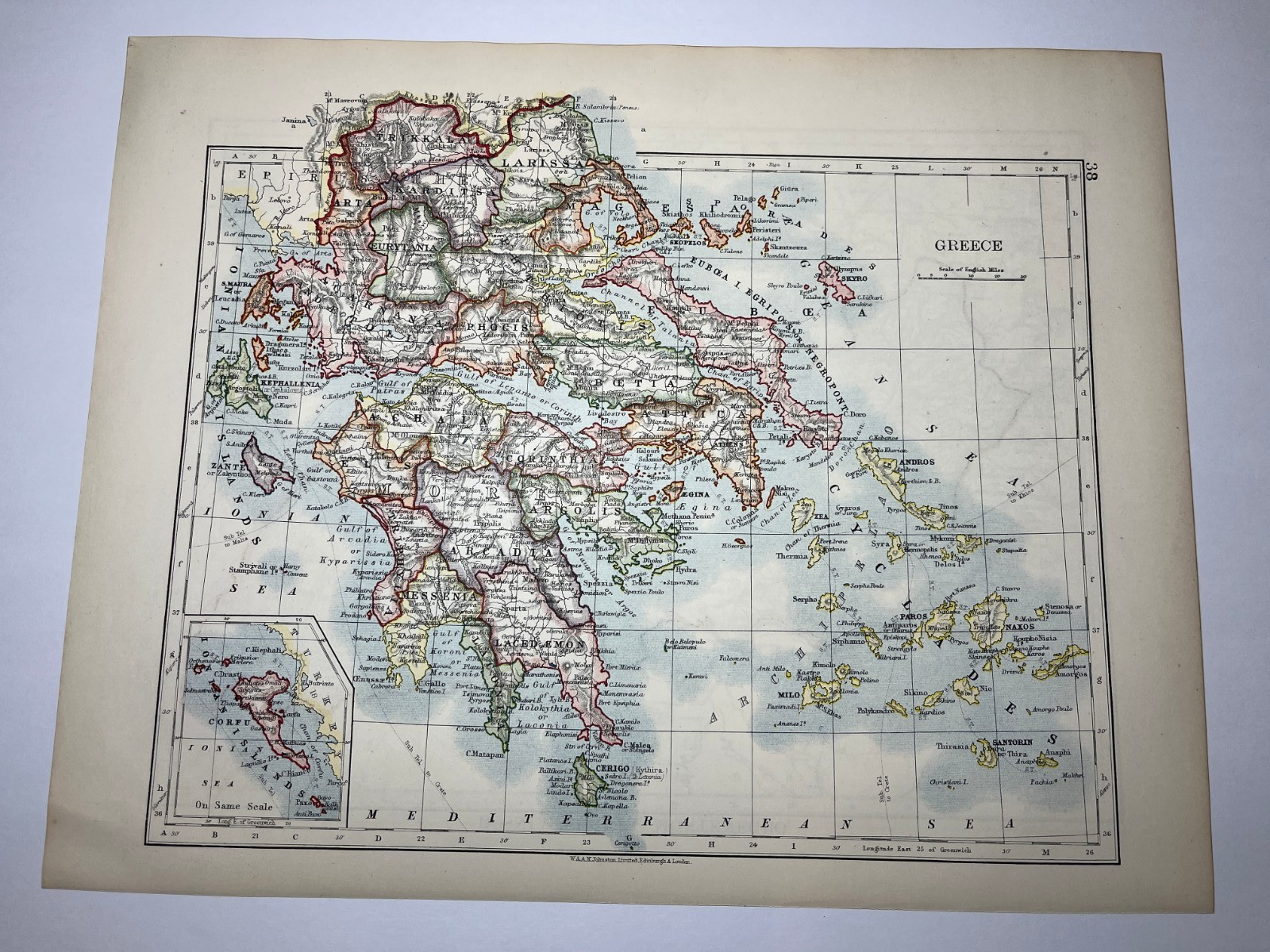 1908 Map of GREECE fm 1908 Johnstons World-Wide Atlas SEE DESCRIP