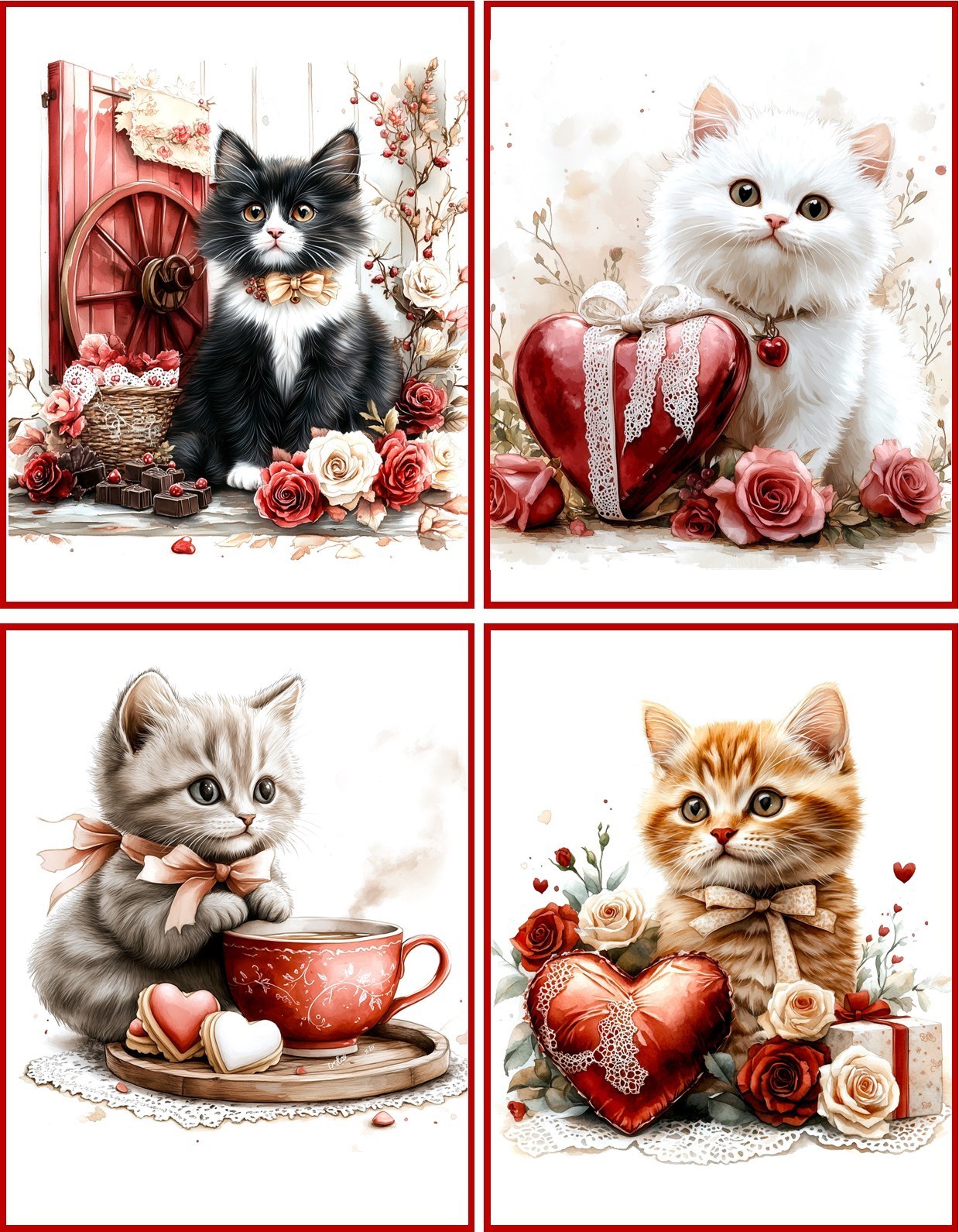 8 assorted Cat valentines glossy blank folded card w/red envelopes set 2