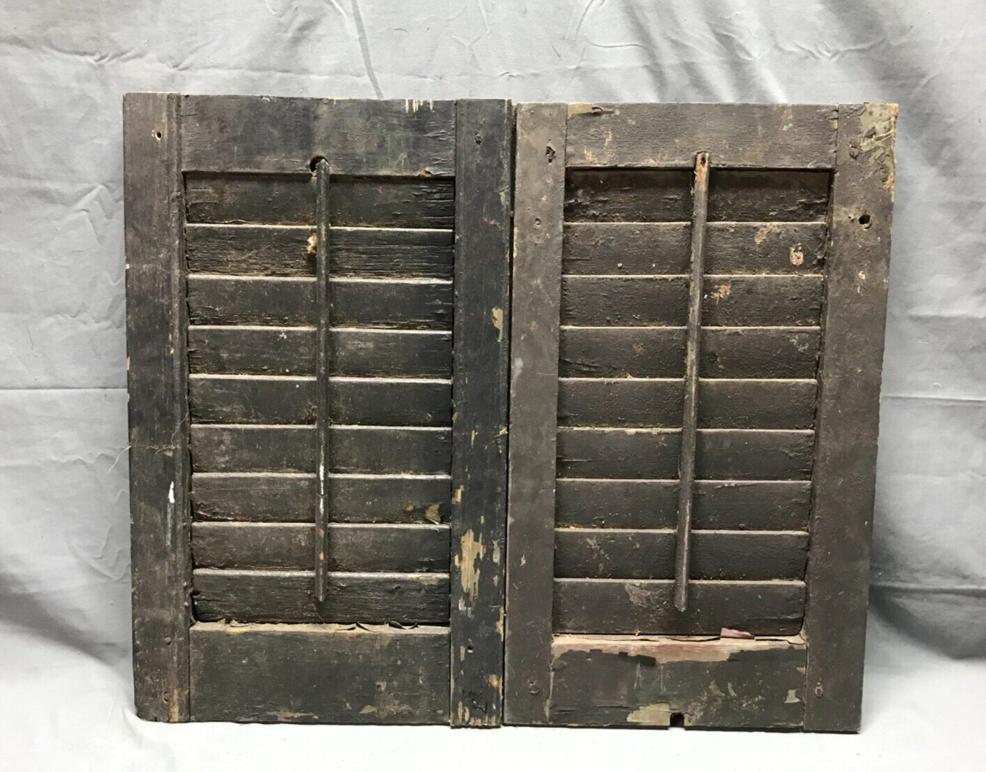Antique Pair Small Window Wood Louvered Black Shutters 13×21 VTG Old 377-26B
