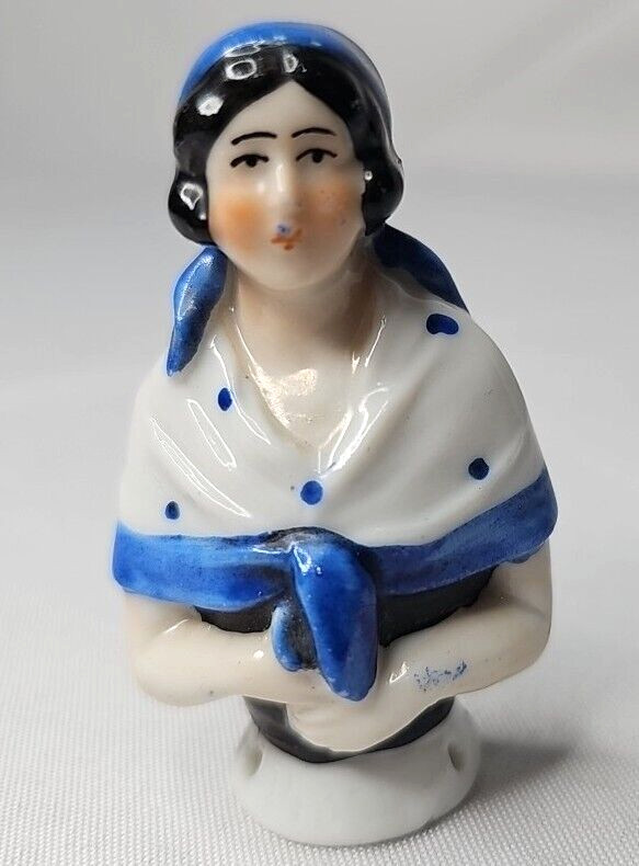 German Art Deco Porcelain Pin Cushion Half Doll, Blue Polka Dot Shawl Head Scarf