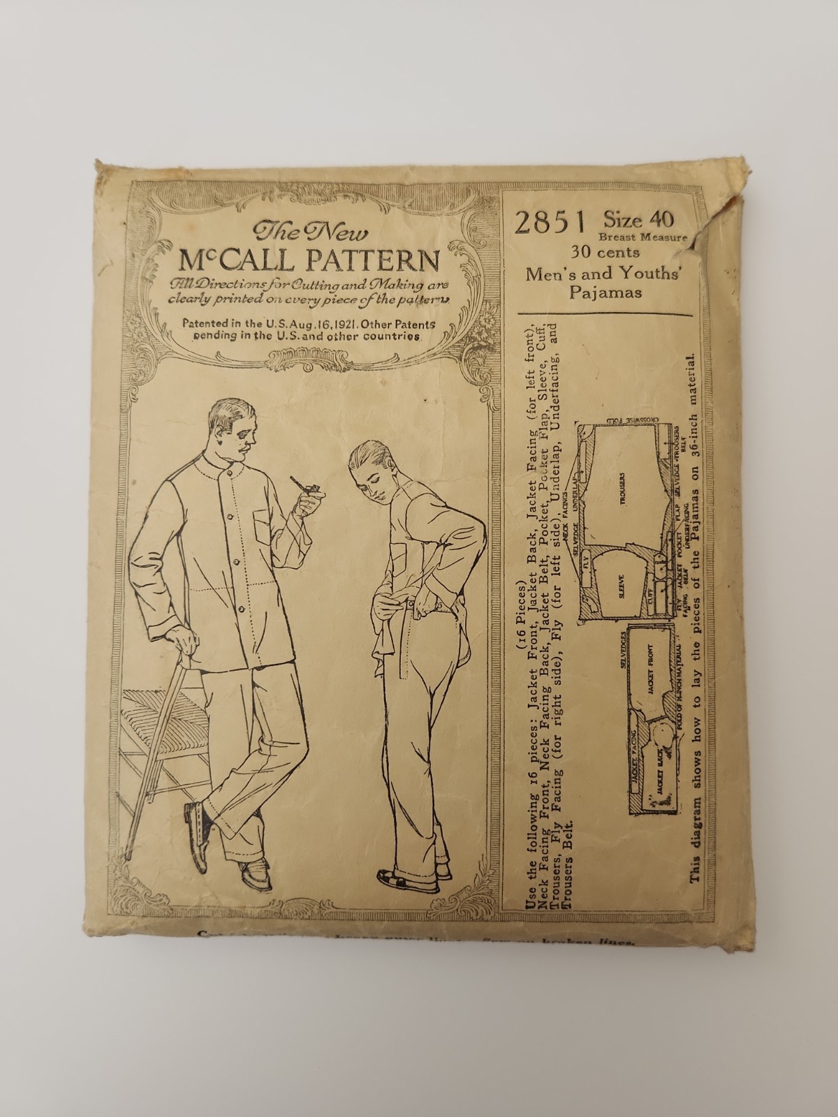 Antique McCall #2851 Early 1920s Mens Pajama Sewing Pattern Size 40 CUT COMPLETE