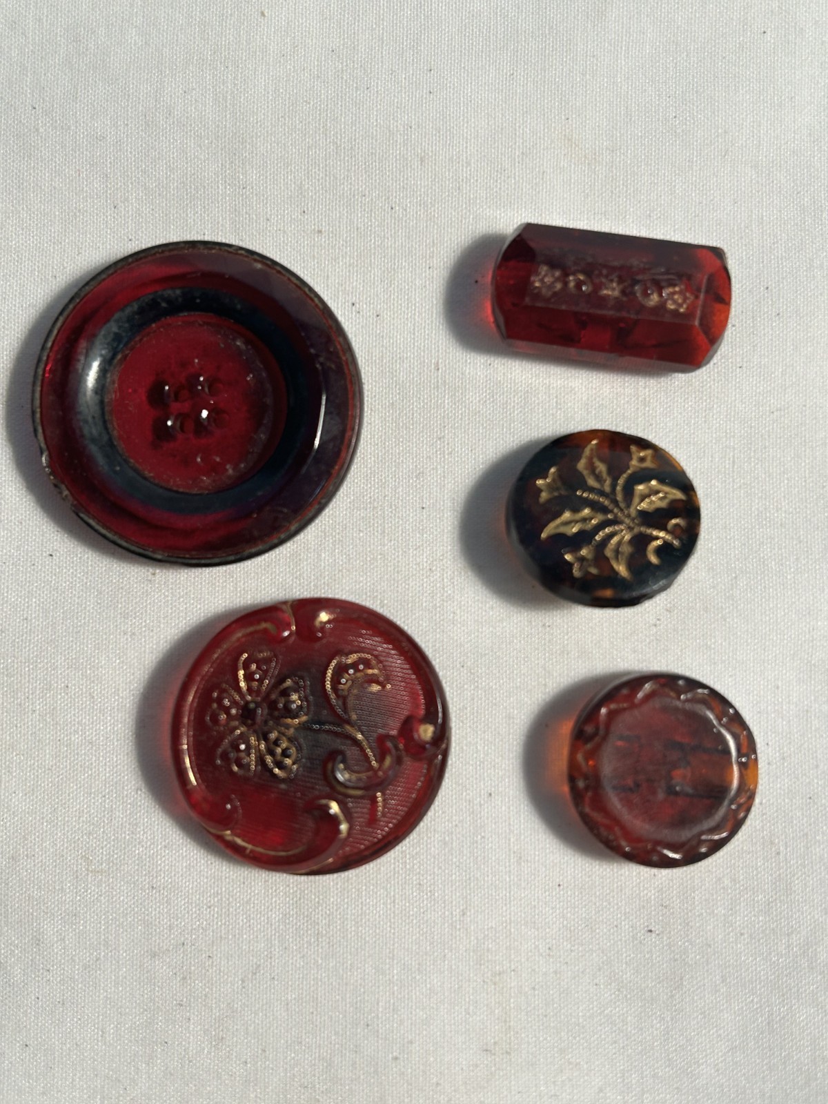 Vintage Sewing Buttons ~ Ruby Red and Gold Glass ~ Set of six total
