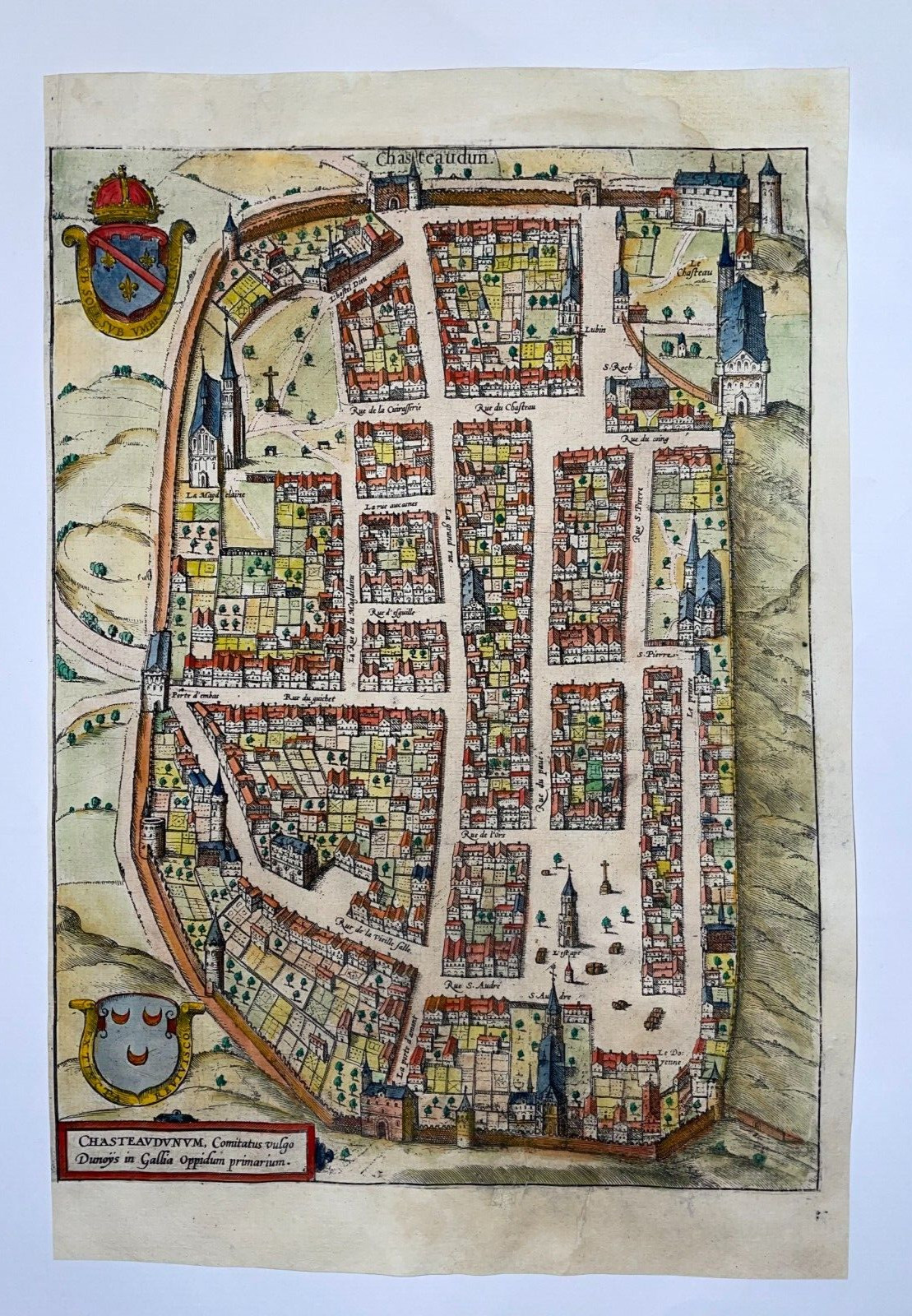 CHATEAUDUN FRANCE 1583 BRAUN & HOGENBERG 16e CENTURY LARGE ENGRAVED VIEW