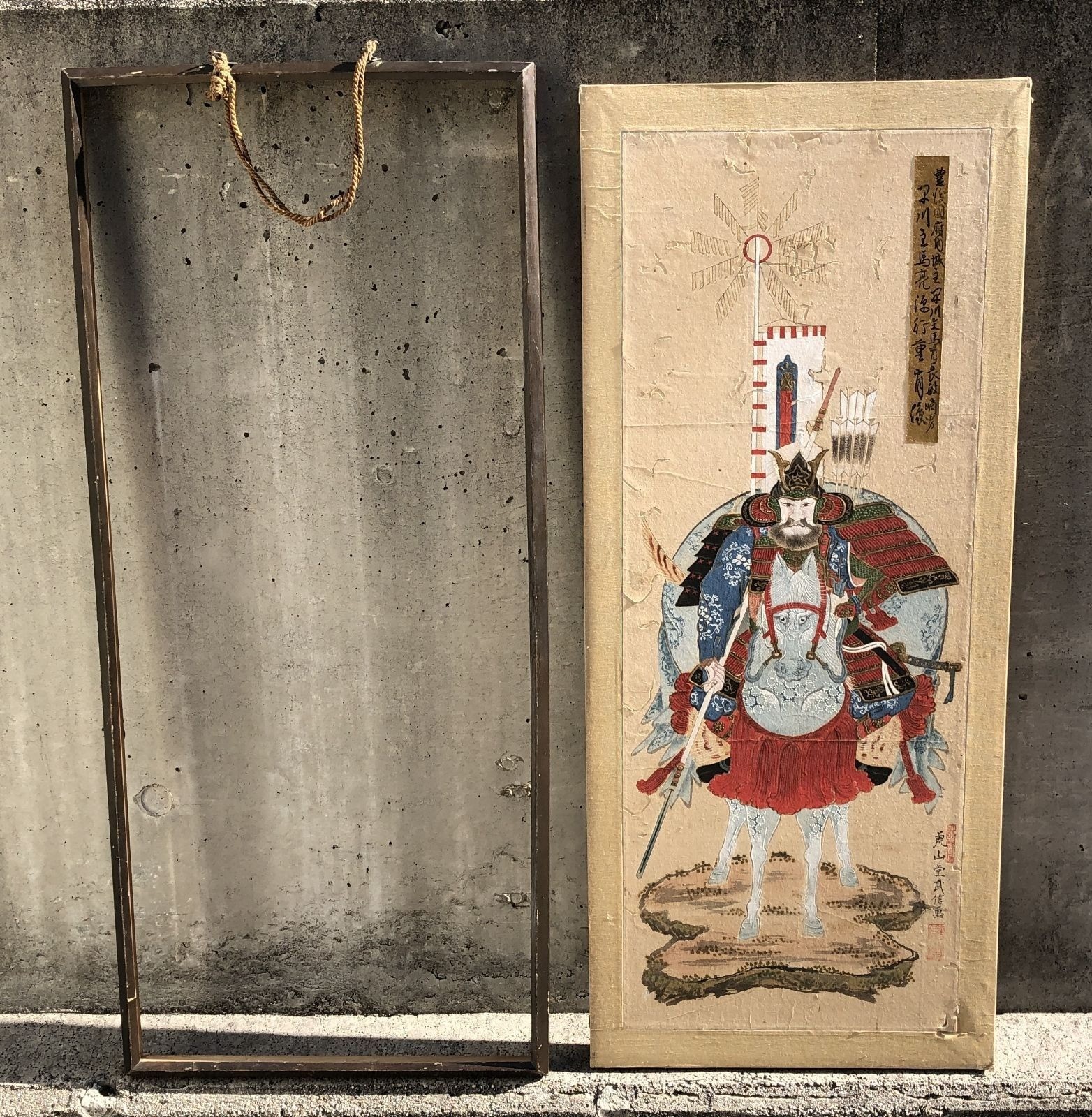 Japanese Samurai Warrior Folding Screen Painting Art Framed H33.1×W14.6×D1.0inch