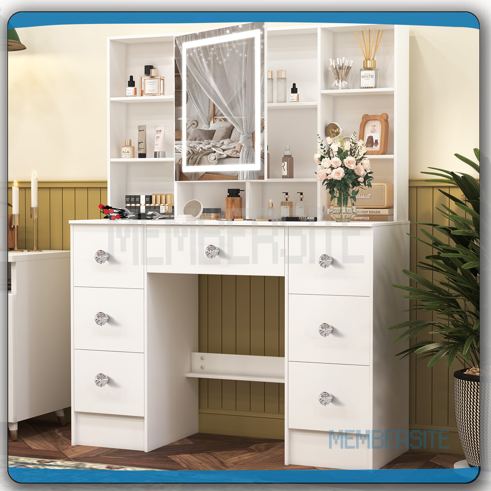 Vanity Desk With Smart LED Mirror Makeup Dressing Desk w/7 Drawers &Crystal Pull