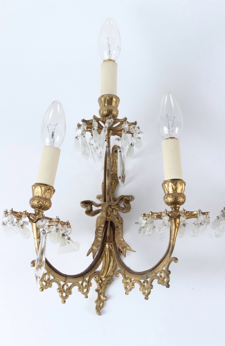 Fine Pair of Rococo Ormolu Three Arm Wall Appliques Sconces H: 35 cm W: 26 cm