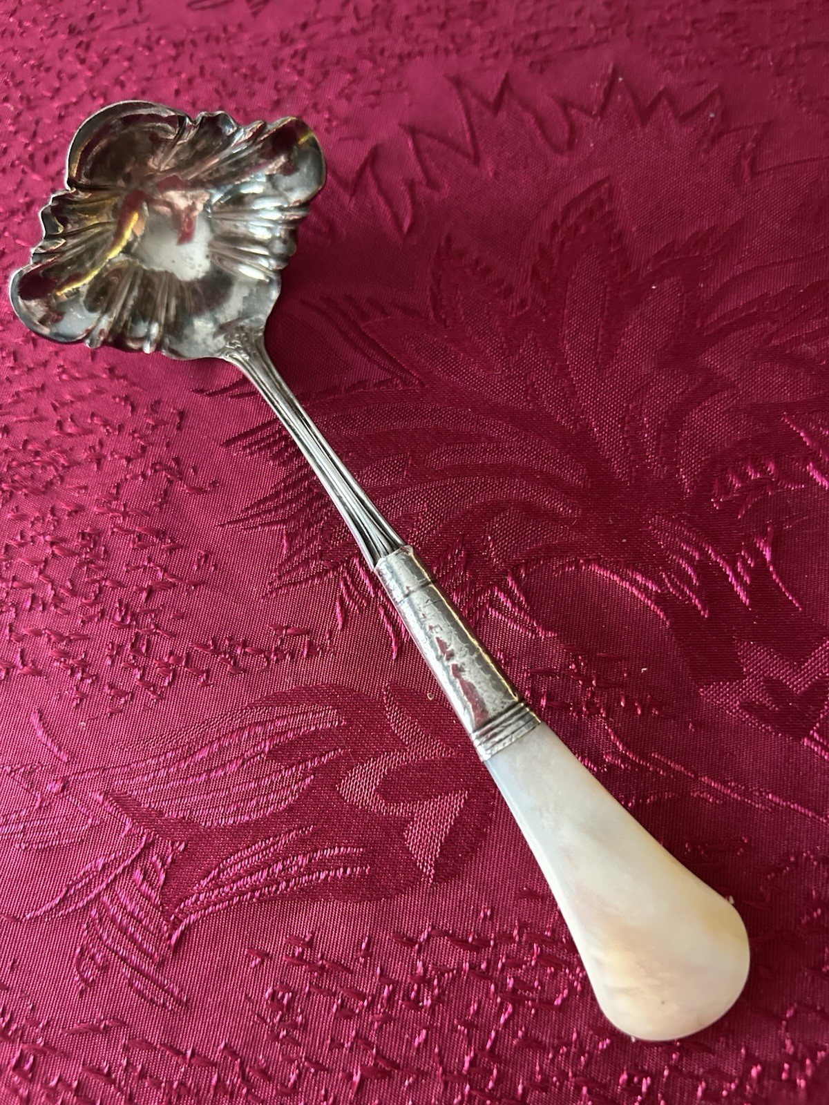 Antique Silver Plate Gravy Ladle With Mother Of Pearl Handle, Victorian Era