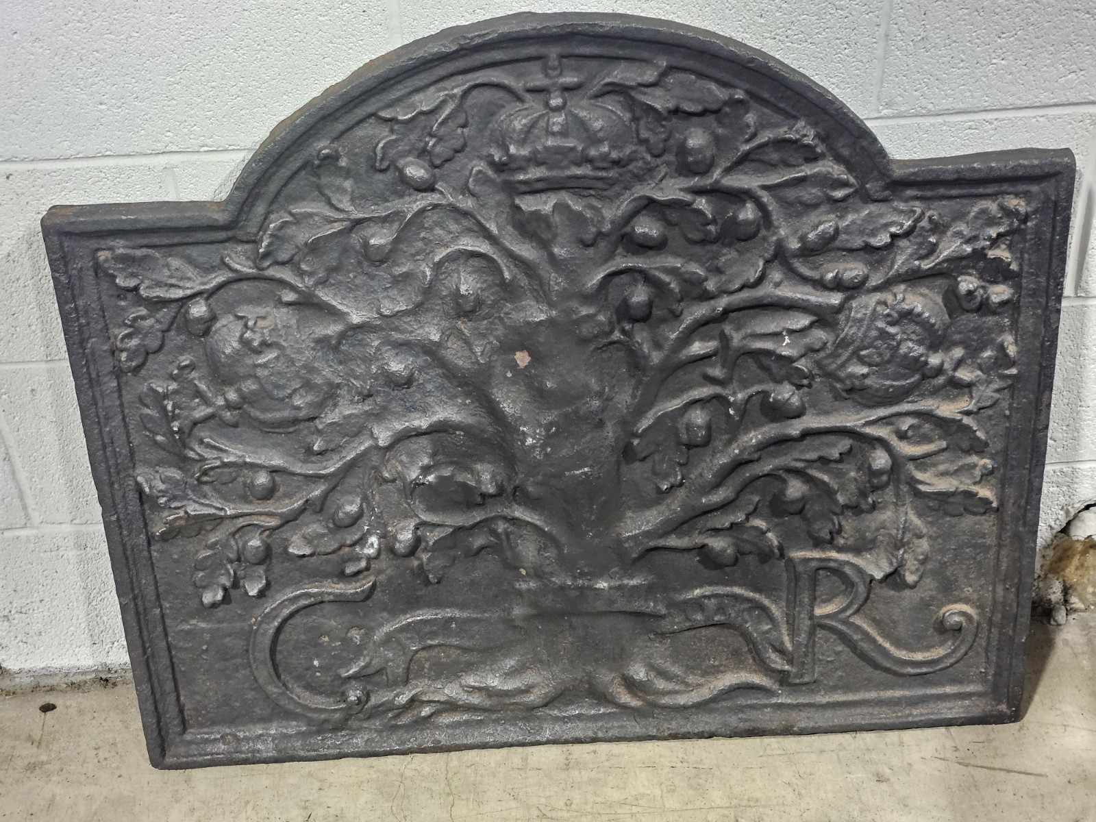 Antique 17th Century Large Charles Rex Cast Iron Fireback Oak Tree King Charles