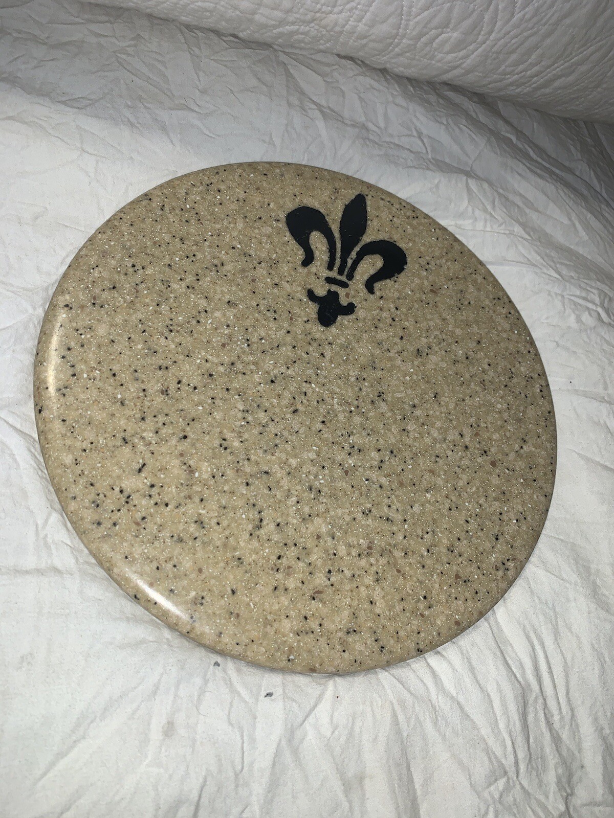 Antique Marble Saint Speckled Sand Color Round Plate Original Old Hand Carved