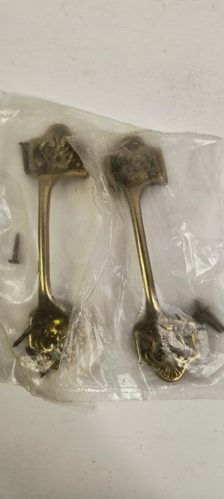 2 Heavy Ornate Brass Handles With Nails NOS Gold Color