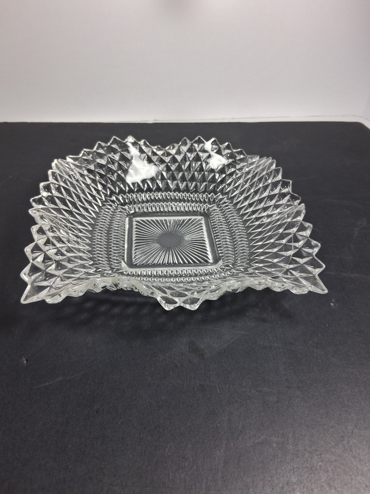 Vintage Indiana Glass Co. MCM Clear P/Square/Ruffled/Diamond Point/Candy Dish