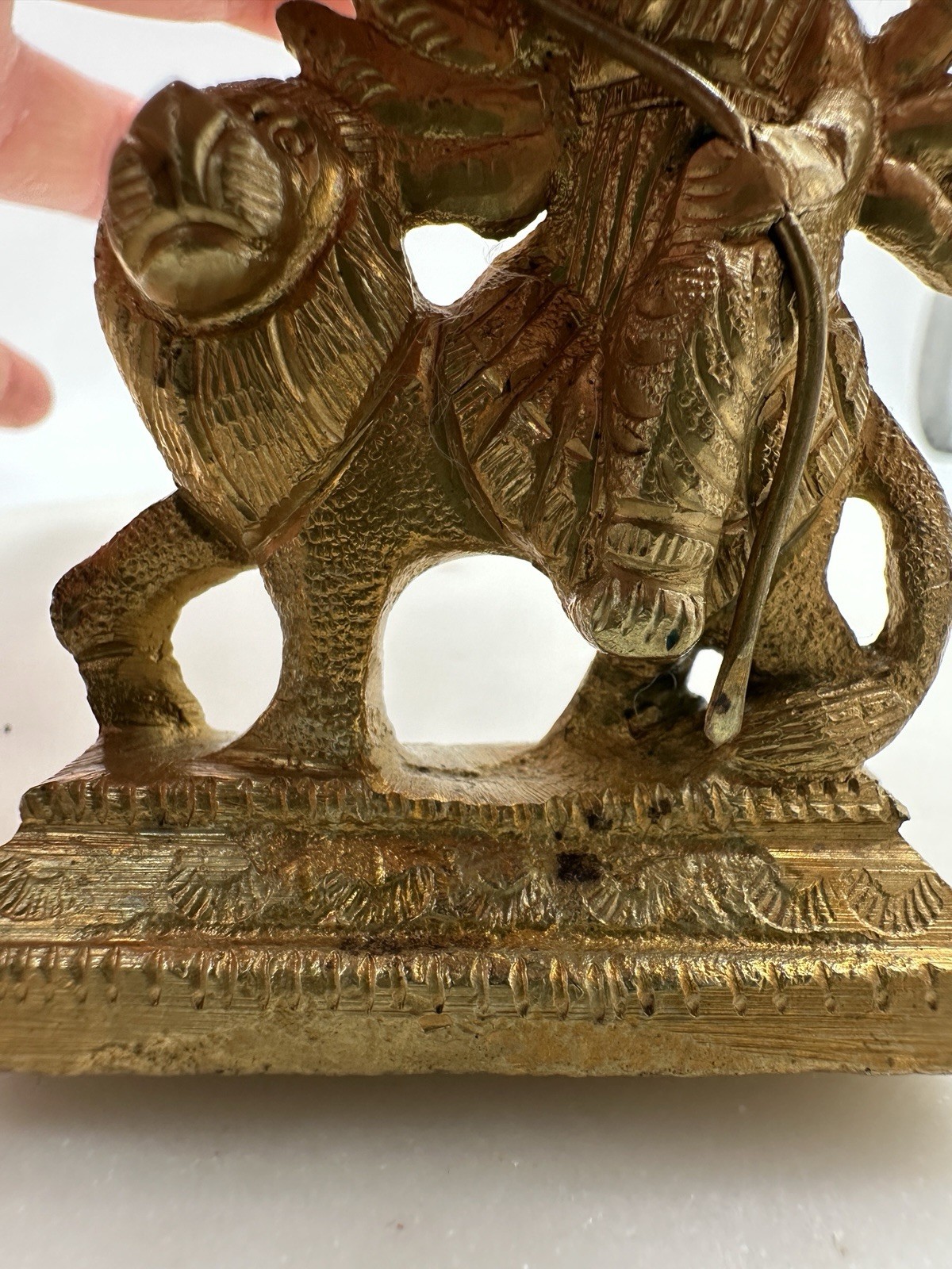 VINTAGE INDIAN HINDU SOLID BRASS GODDESS DURGA RIDING LION STATUE FIGURINE 3”