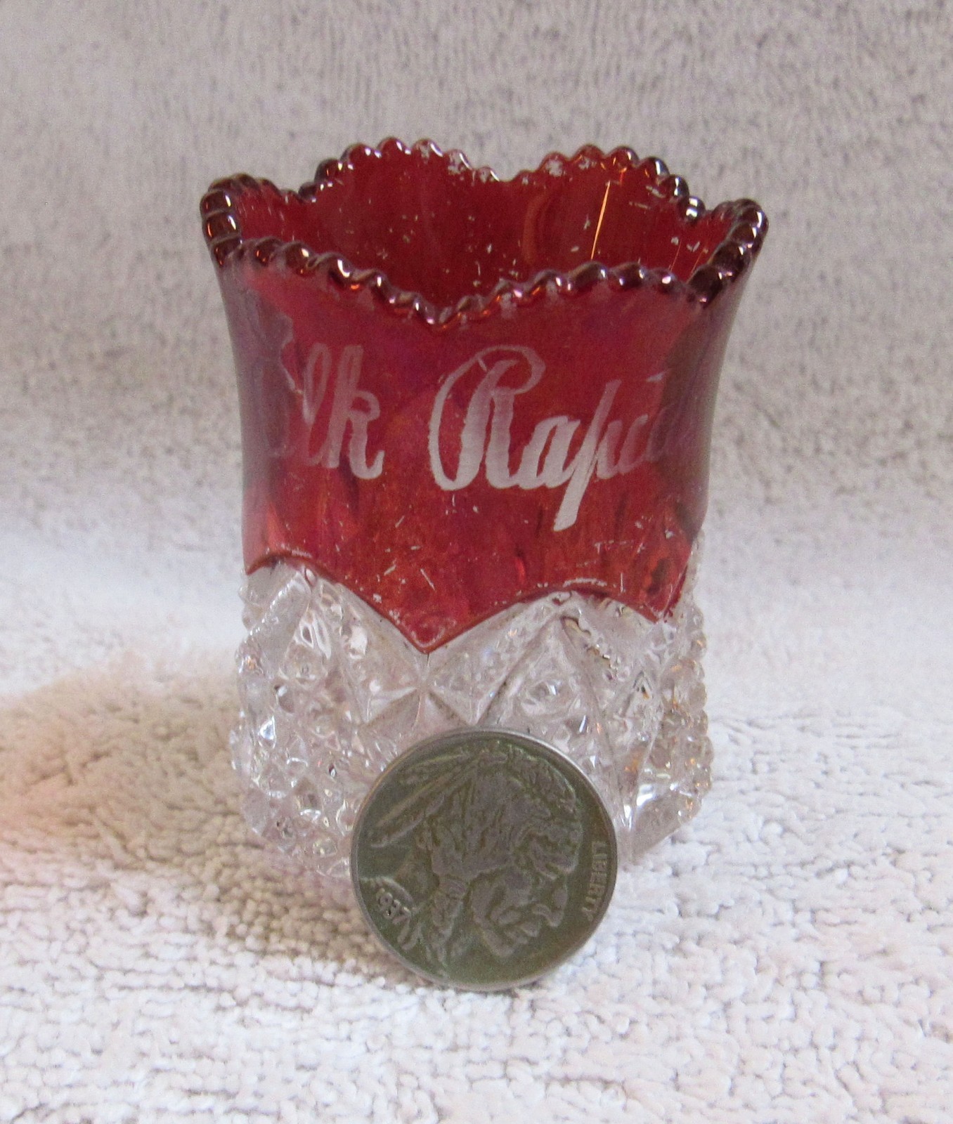 Elk Rapids Michigan Red Ruby Flash Flashed Glass Souvenir Toothpick Holder