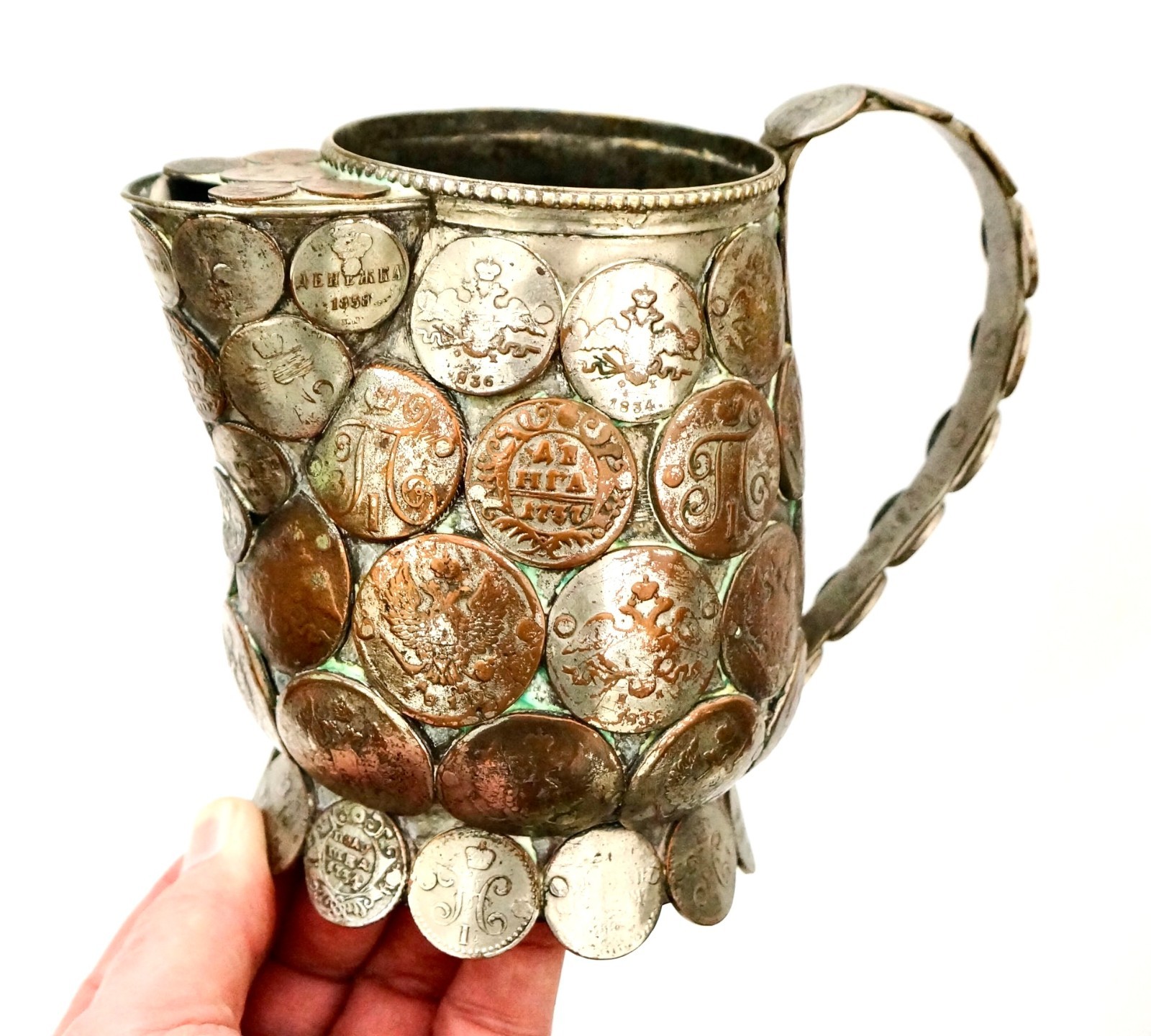 Russian Silver Jug Trophy Mounted with 73 18th/19th Century Russian Copper Coins