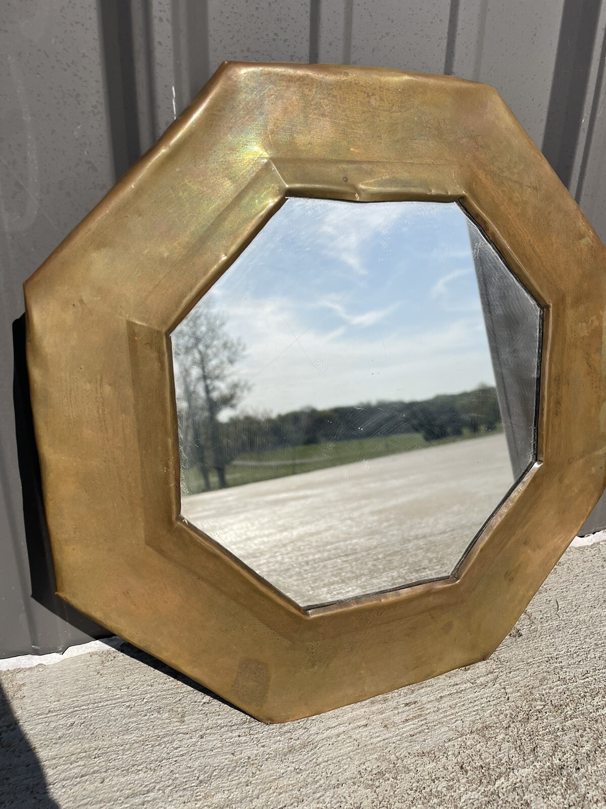 Vintage MCM Brass Wall Mirror Octagon Rustic Ship Porthole Look Gold HL