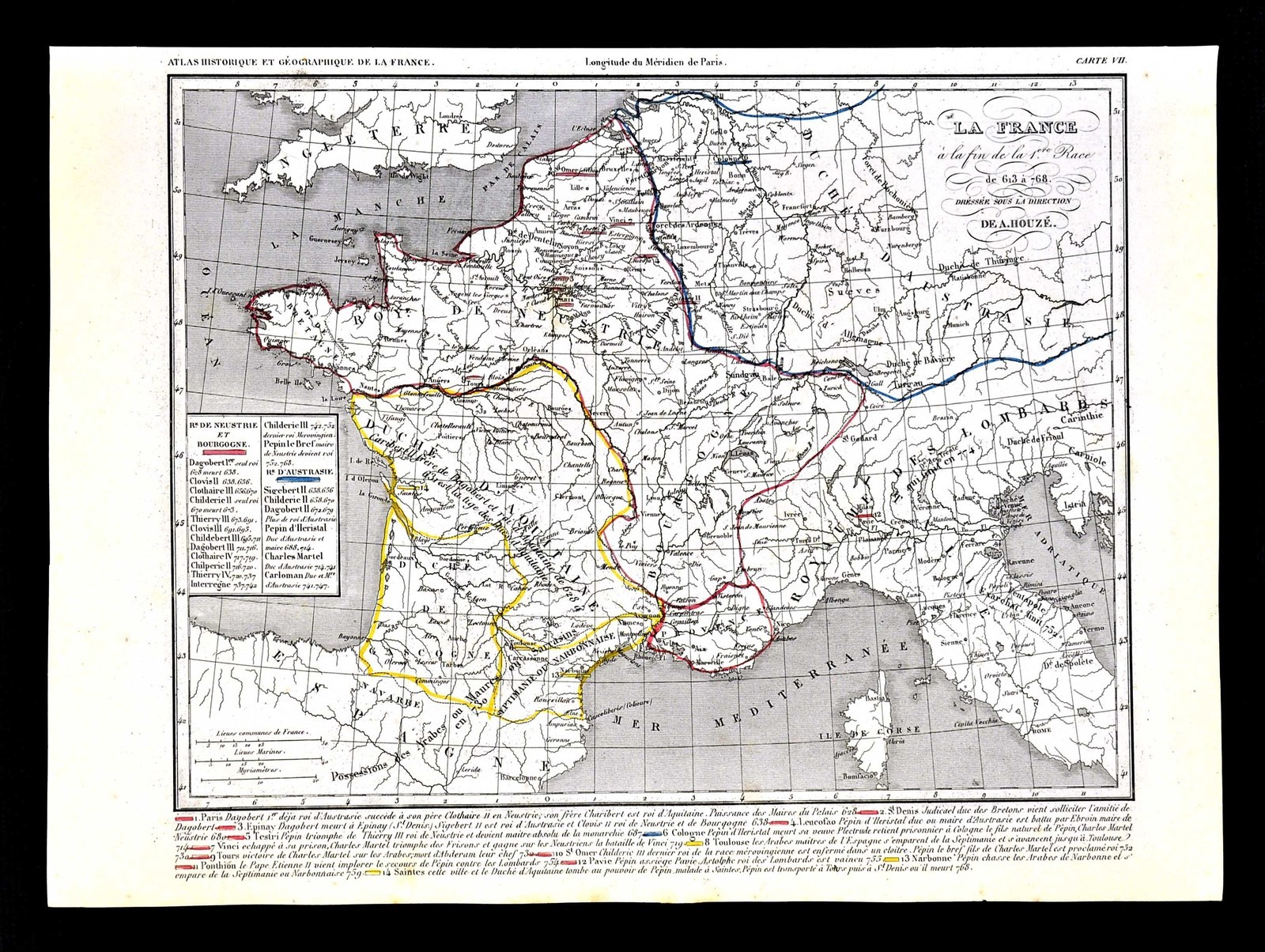 1849 Houze Map France 613-768 Neustrie Bourgogne Aquitaine Lombards Austrasie